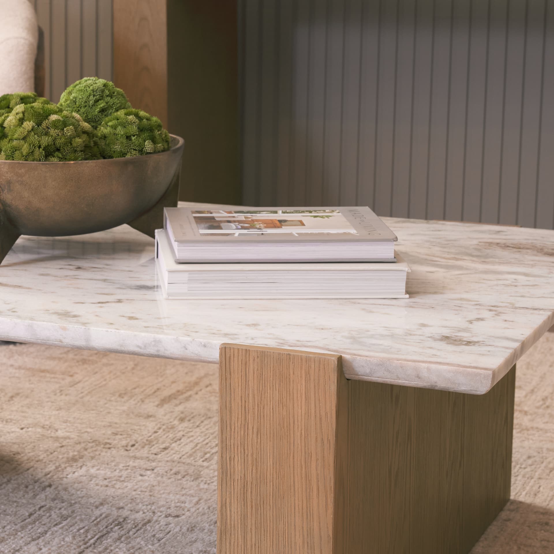 Milos Pink Marble Top w/ Light Brown Oak Wood Coffee Table — product photograph