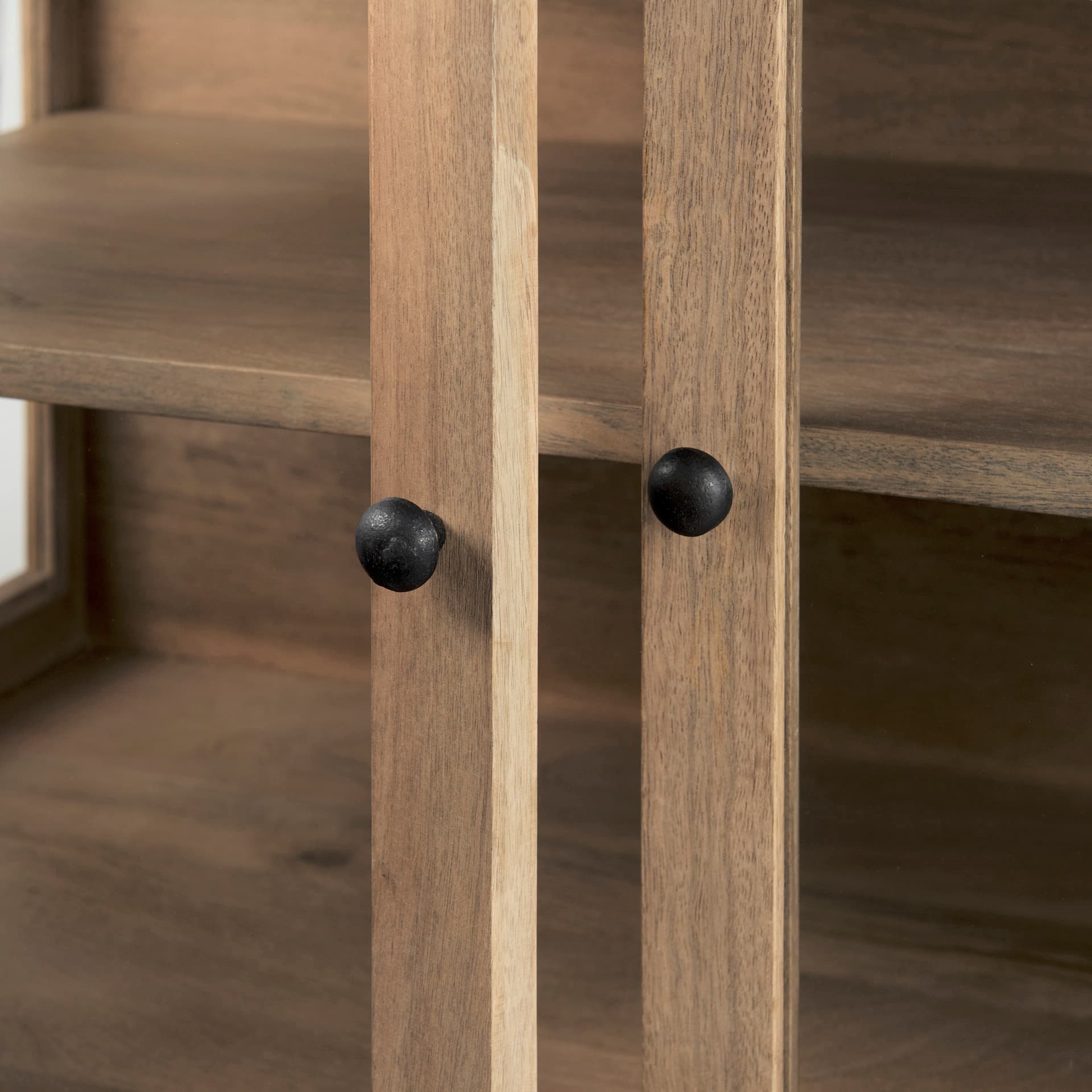 Arelius 36L x 18W x 32H Light Brown Wood, Black Metal Base w/ 2 Glass Doors Accent Cabinet — product photograph