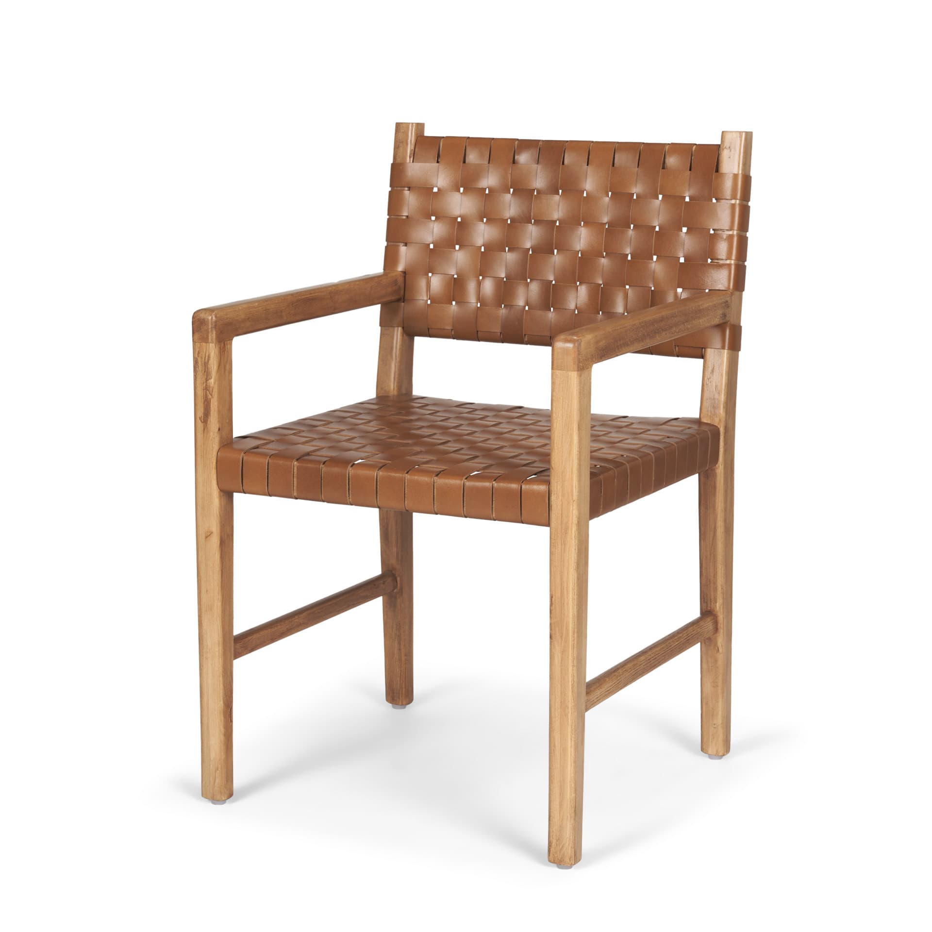 Shane Curved Back Dining Arm Chair | Woven Brown Leather w/ Brown Wood — product photograph