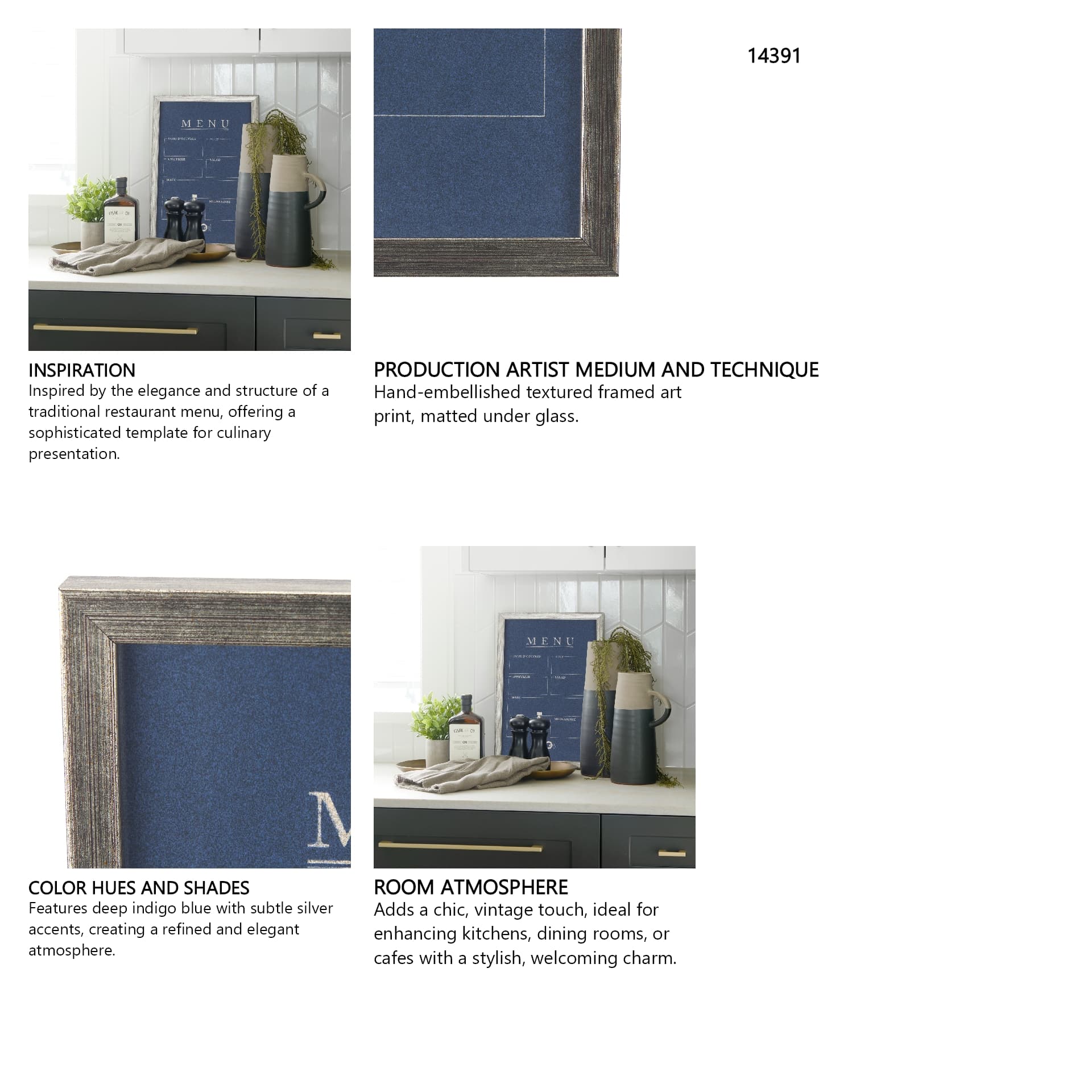 MENU II by Mercana Studio a Hand Embellished Textured Framed Art Print Matted under Glass — in a styled room