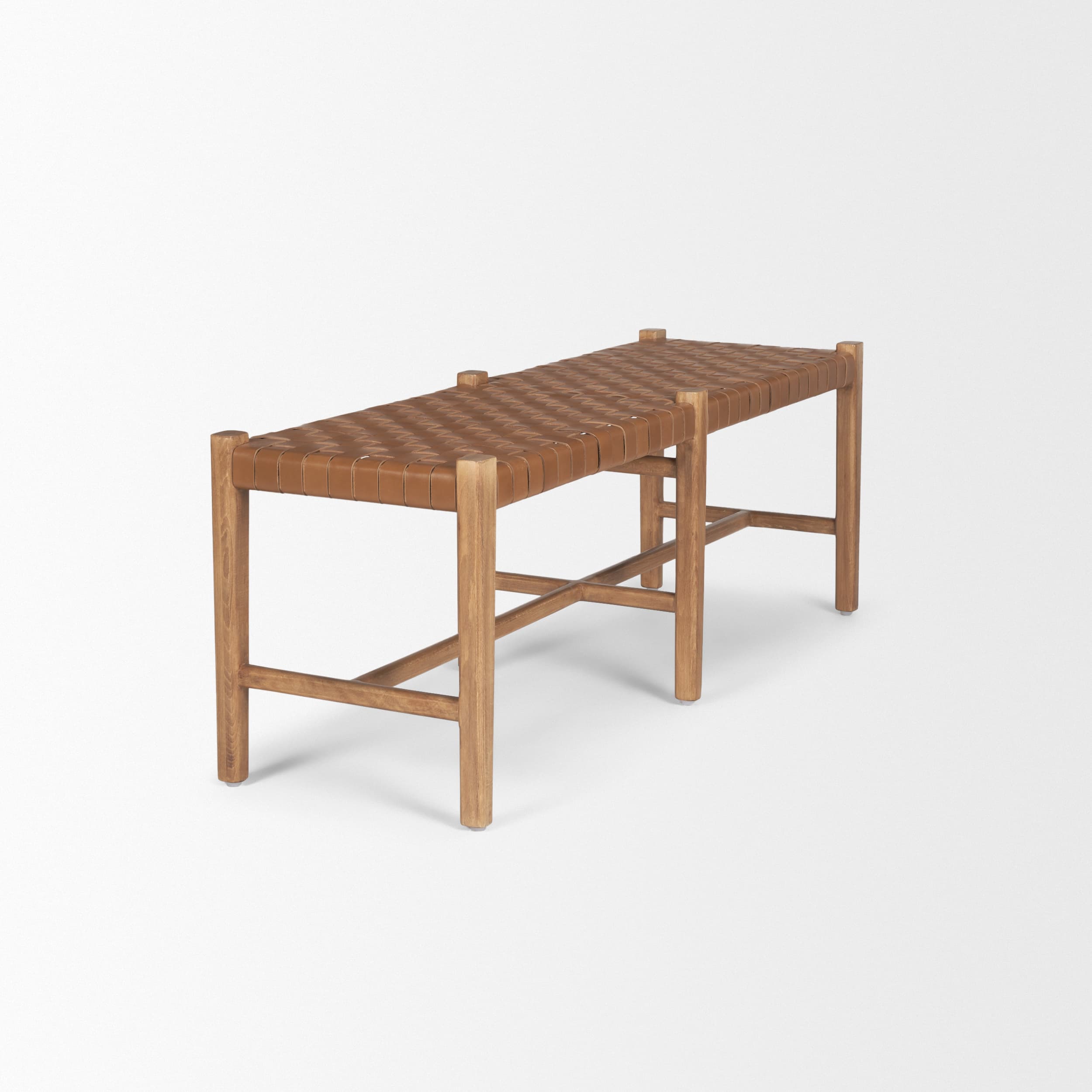 Shane Brown Wood w/ Woven Brown Leather Bench — product photograph