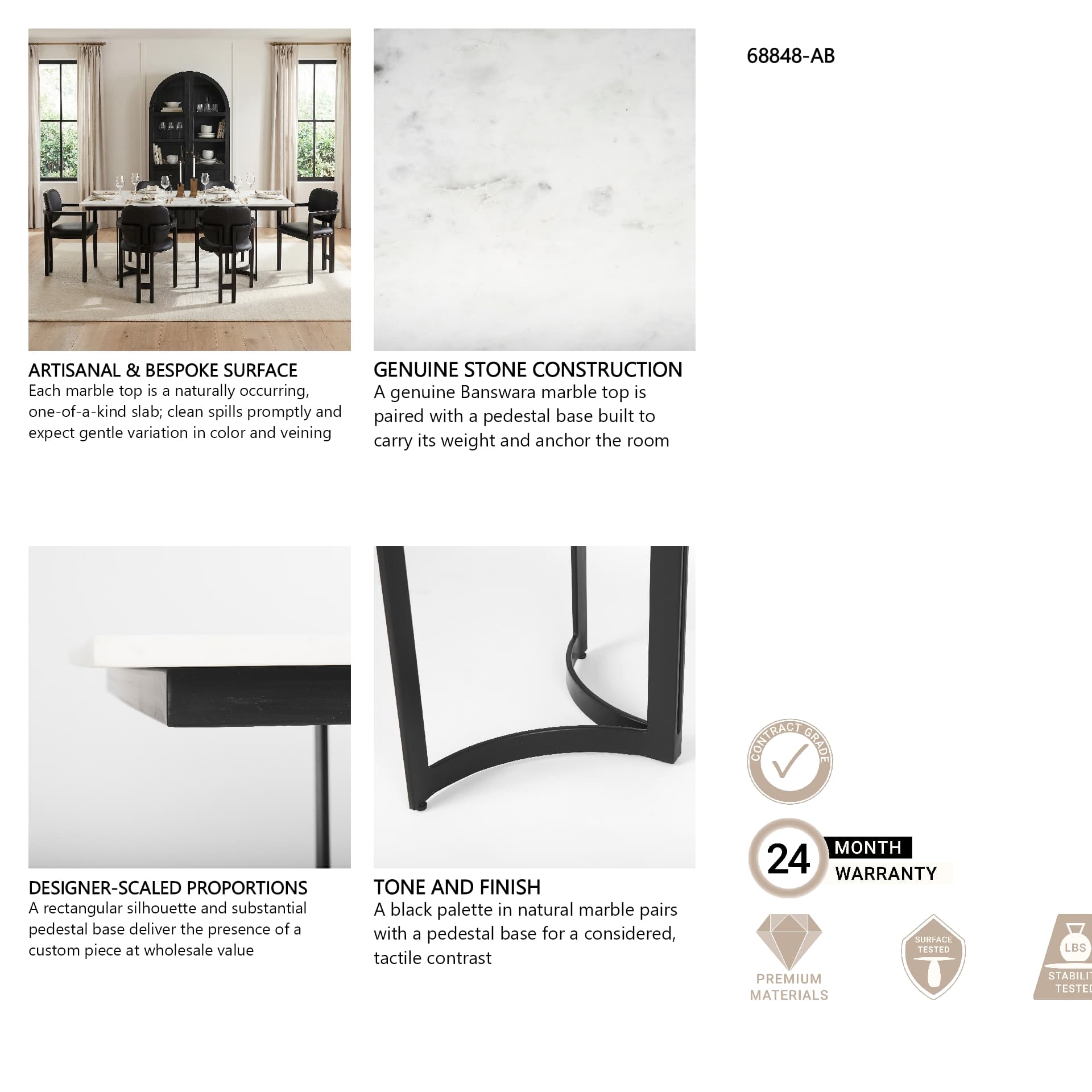 Tanner 71"L x 35"W Rectangular Pedestal Dining Table | Modern | White Marble & Black Metal | Seats 6 — product photograph