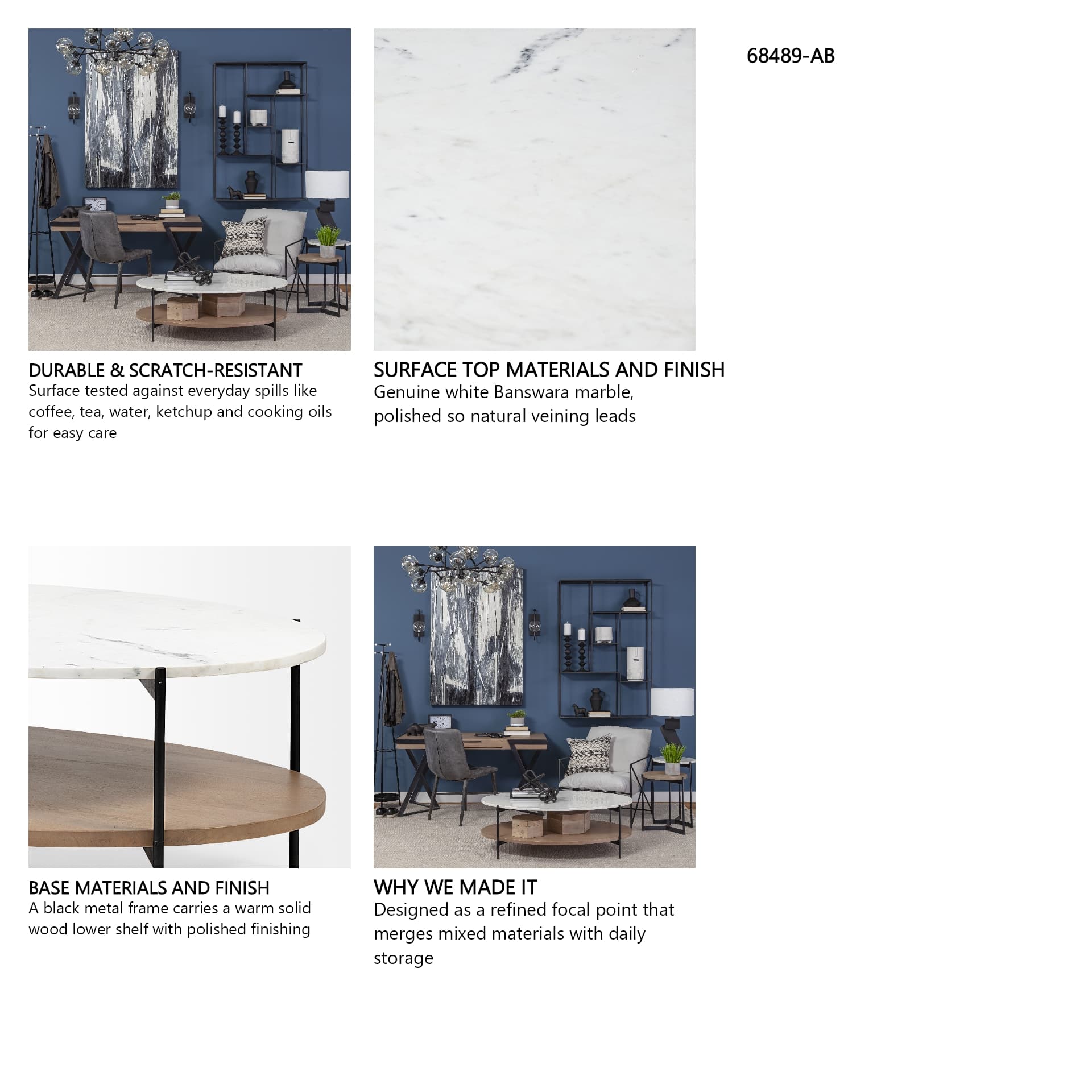 Larkin 48" Oval White Marble Top and Solid Wood Shelf w/ Black Metal Frame Coffee Table — in a styled room