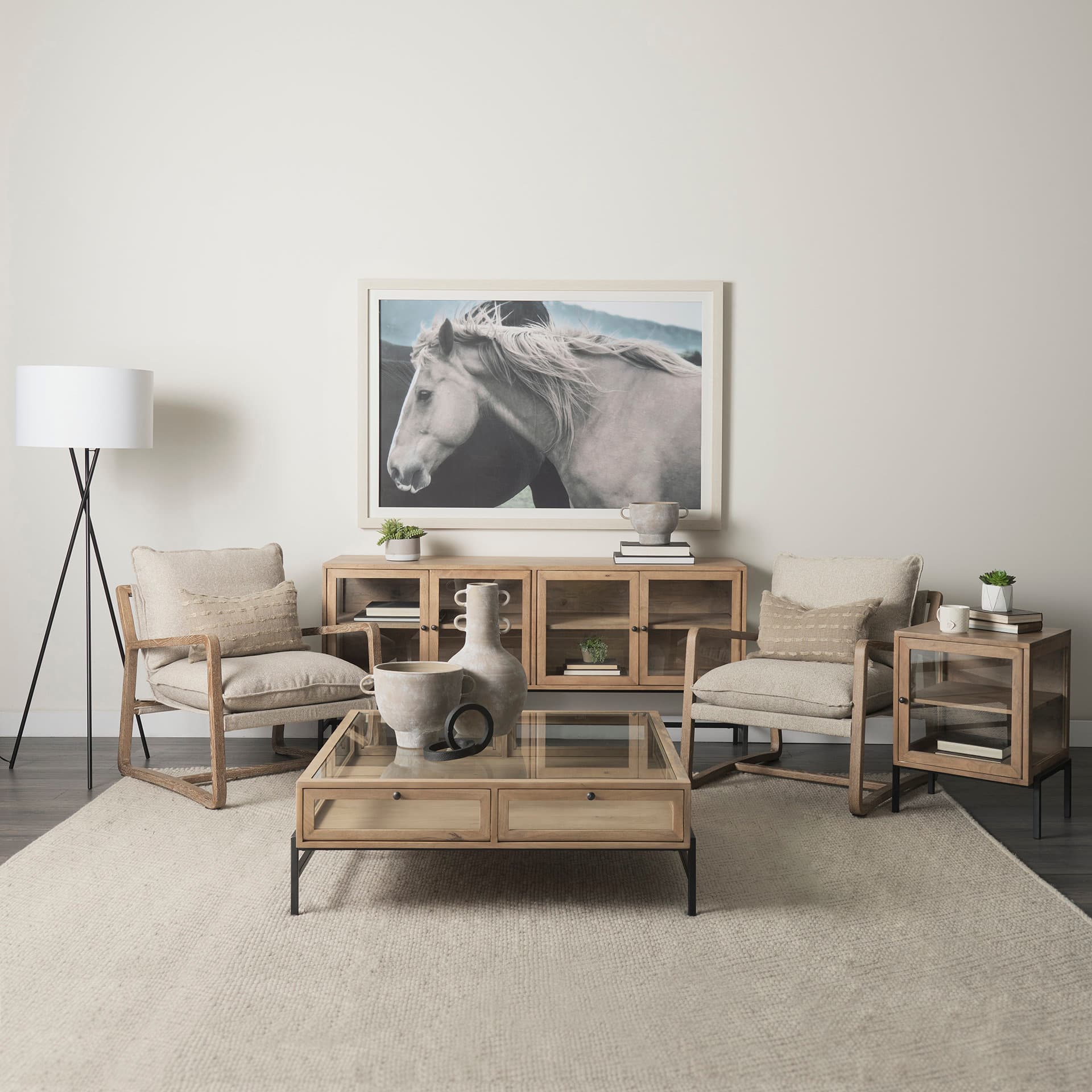 Arelius 20L x 18W x 26H Light Brown Wood W/ Black Metal Frame End/Side Table — in a styled room