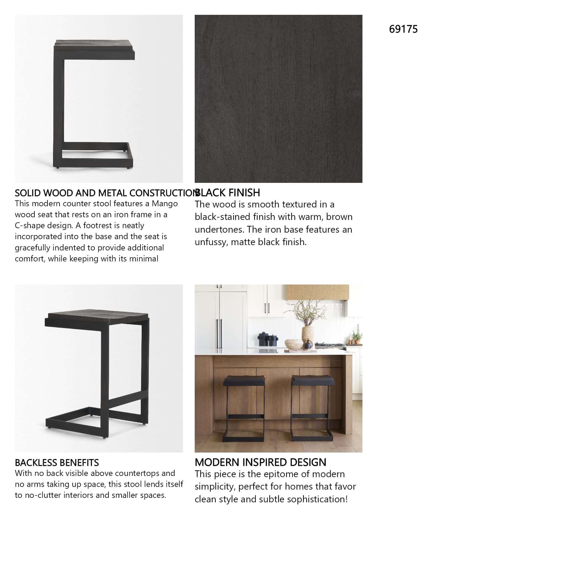 Kiran Backless 26in Seat Counter Stool | Black Wood w/ Black Metal — product photograph