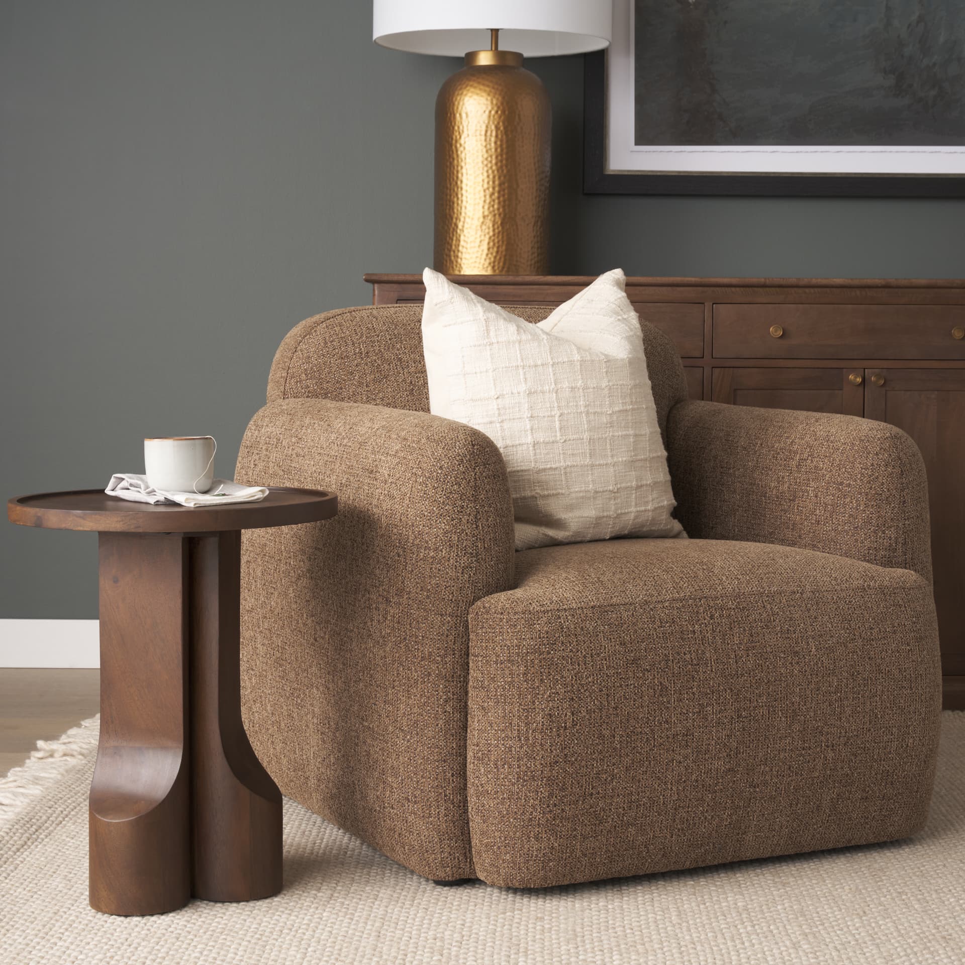 Saga Textured Brown Plush Fabric Upholstered Chair — in a styled room