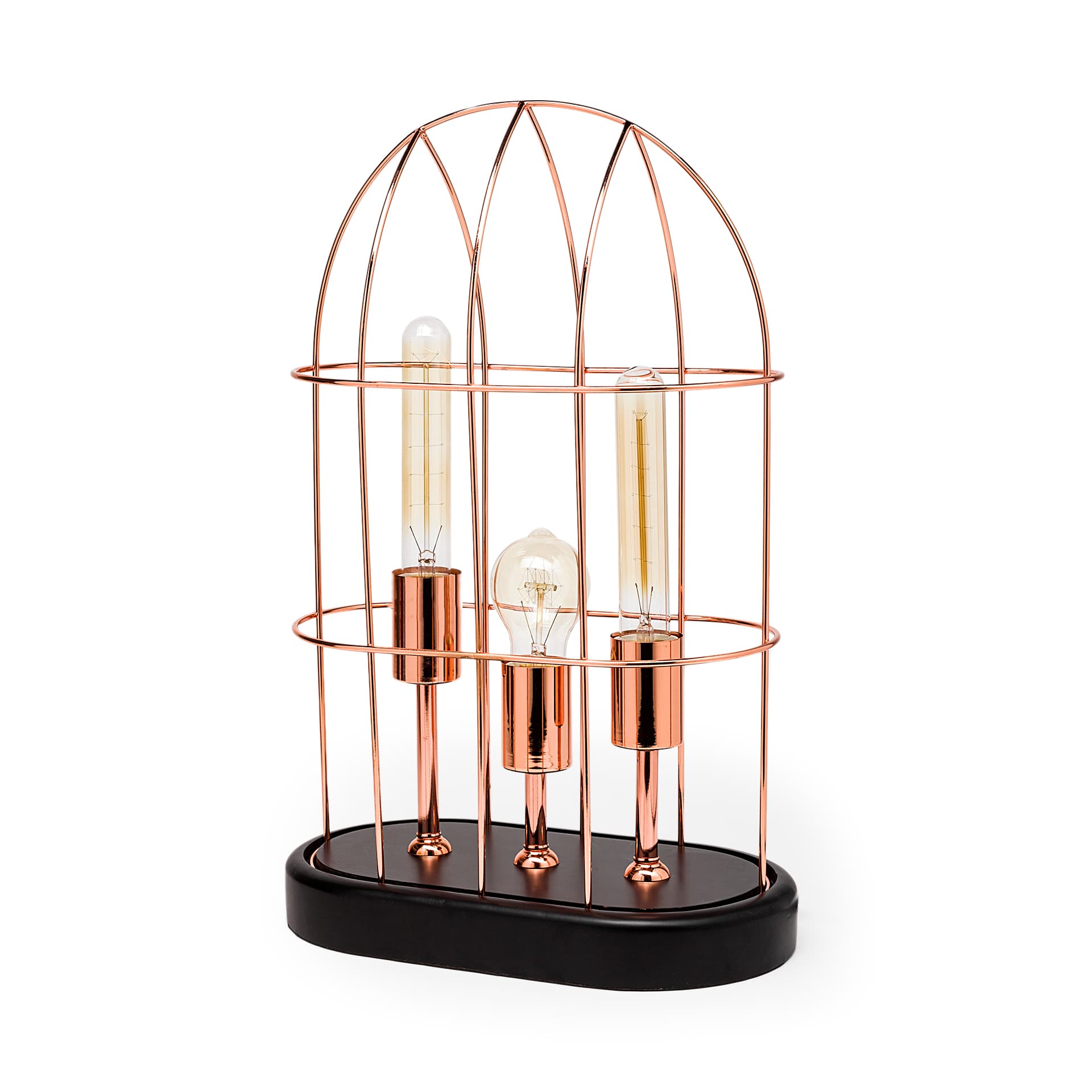 Sutton (19.3"H) Rose-Gold Metal Cylindrical Cage Three Bulb Table Lamp — product photograph