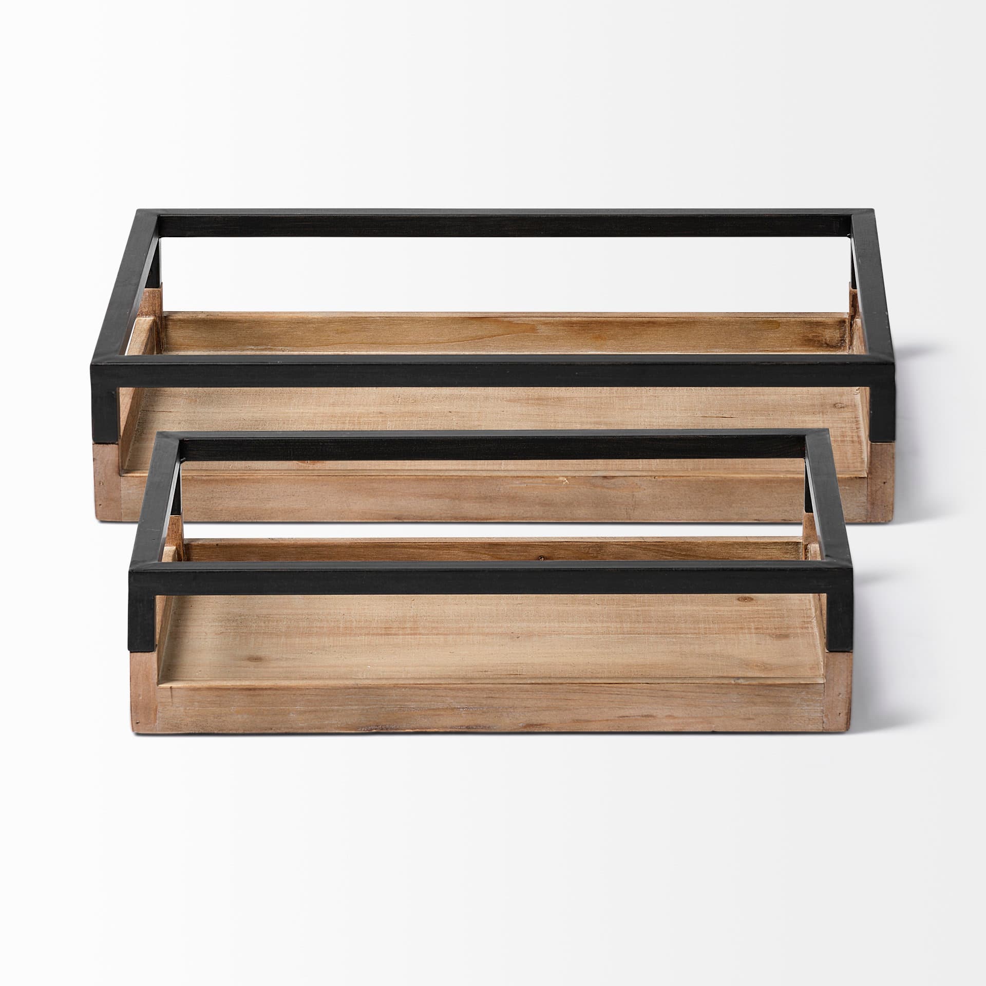 Ross Set of 2 Natural Wood W/ Black Metal Nesting Trays — product photograph