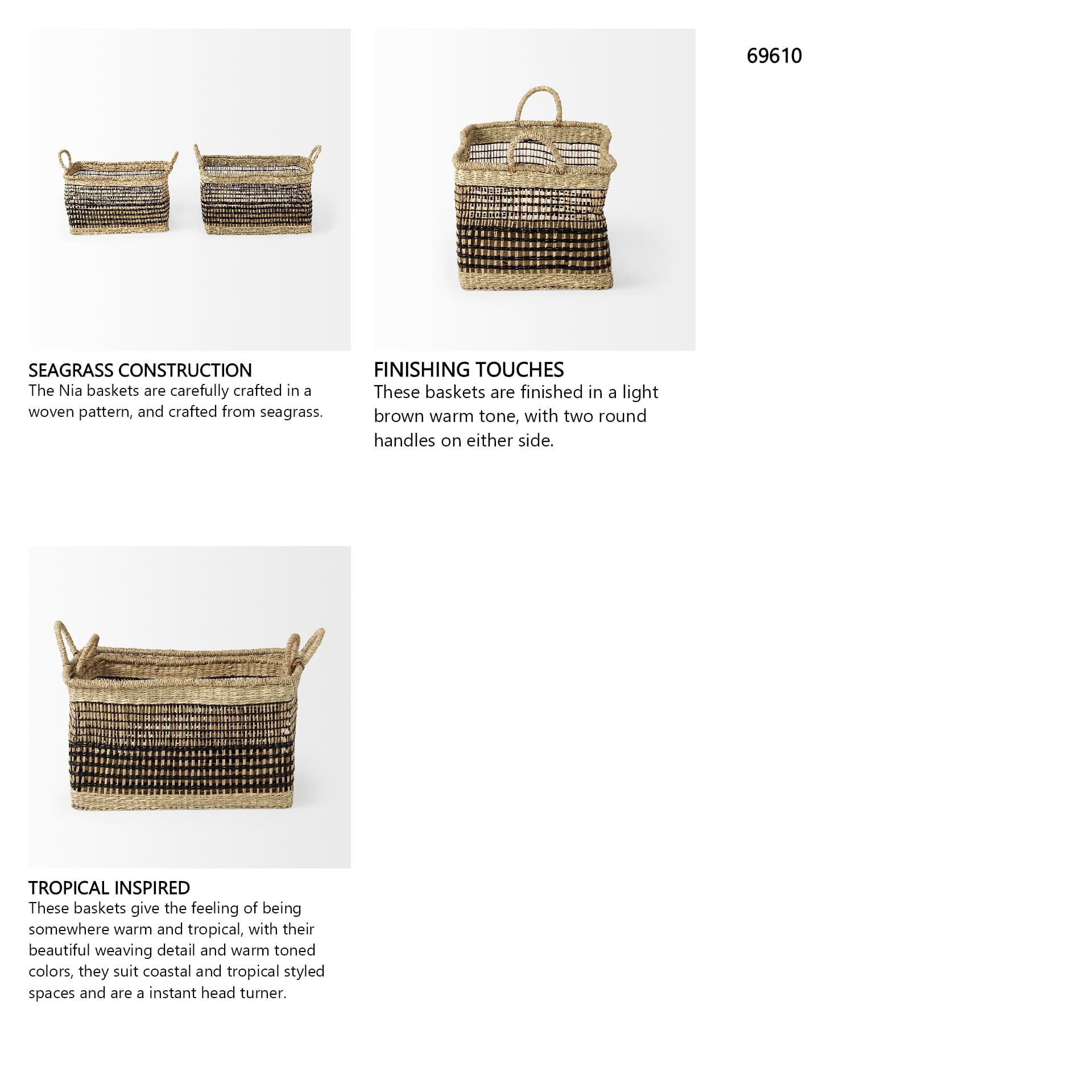 Nia (Set of 2) Light Brown Seagrass Rectangular Basket with Handles — in a styled room