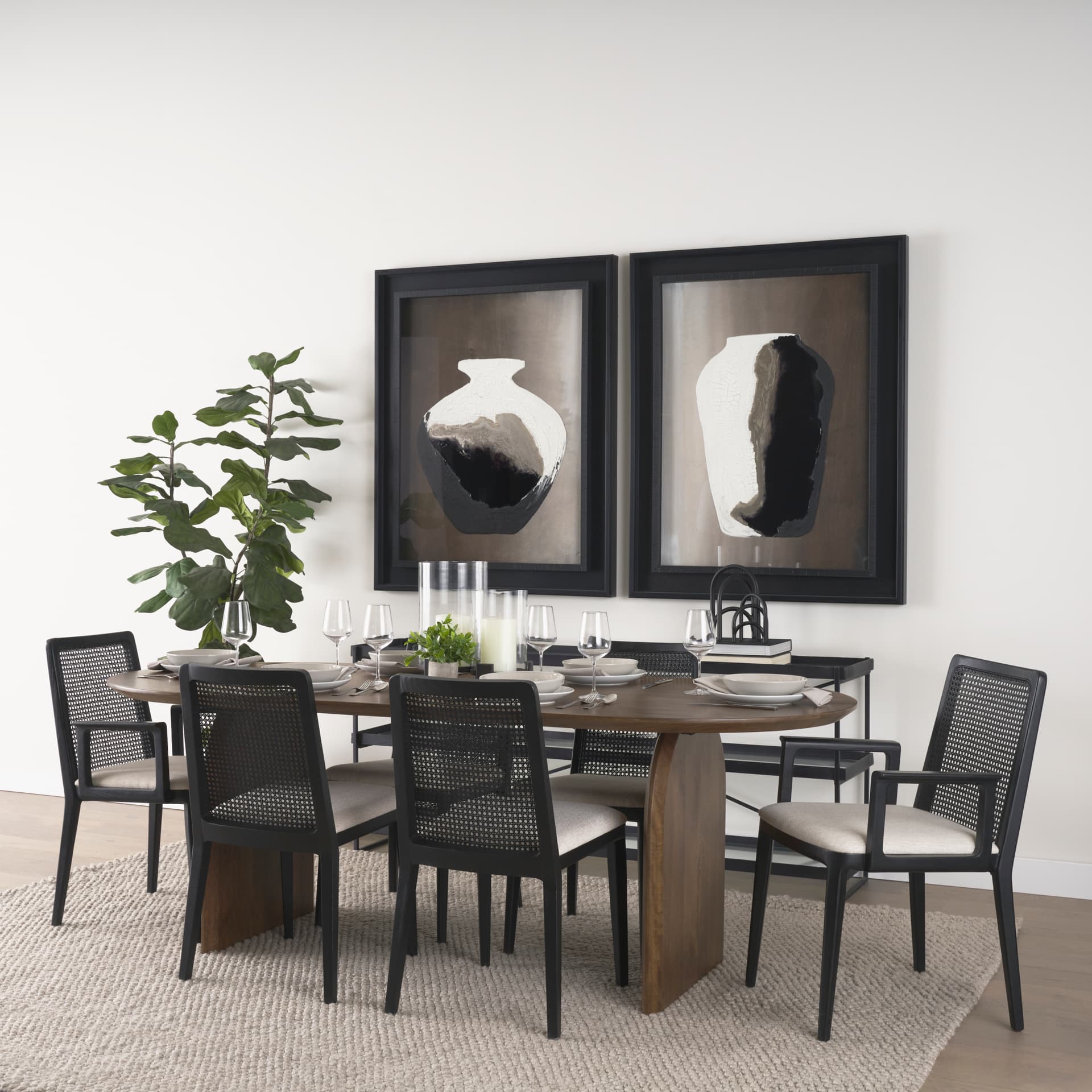 Clara Cane Back Dining Side Chair | Cream Fabric w/ Black Wood — product photograph