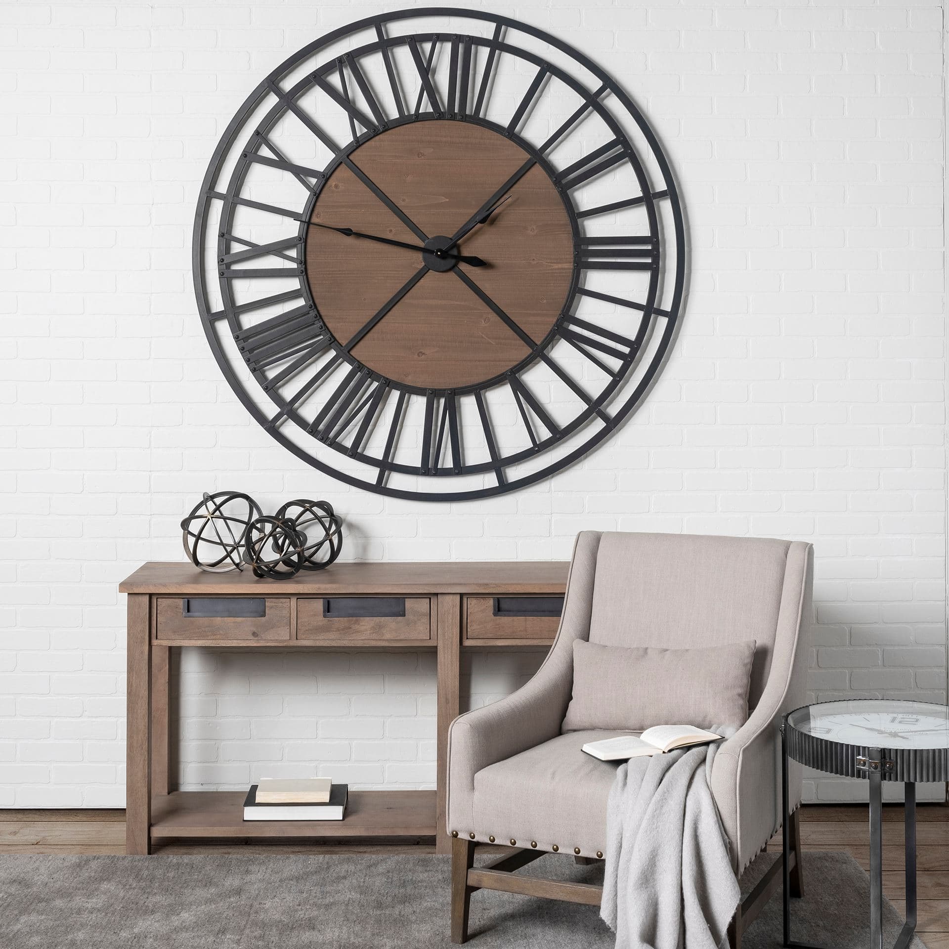 Lewiston 59" Round Oversized+ Industrial Wall Clock — in a styled room
