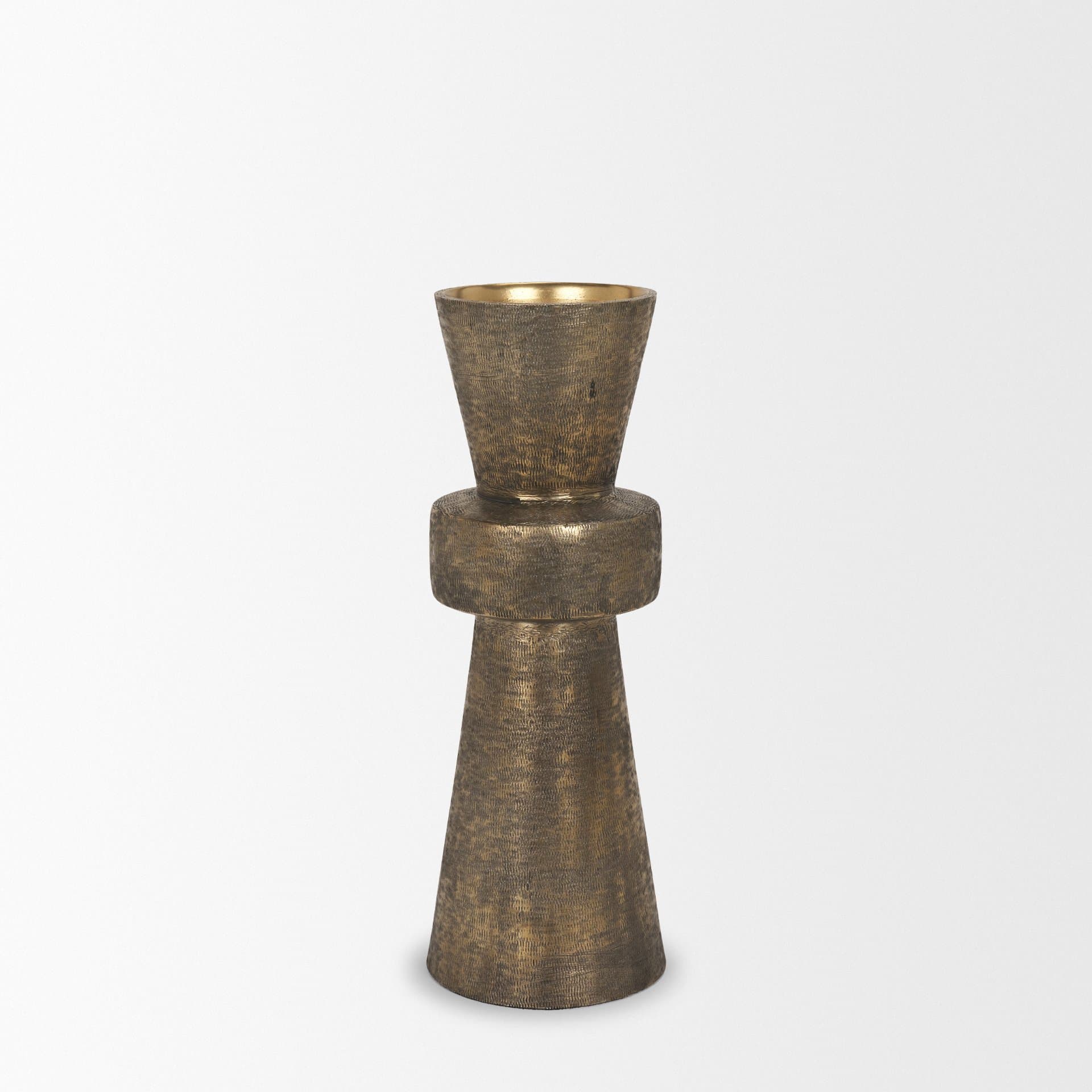 Odilia Large Textured Antiqued Gold Metal Geometric Pillar Candle Holder — product photograph
