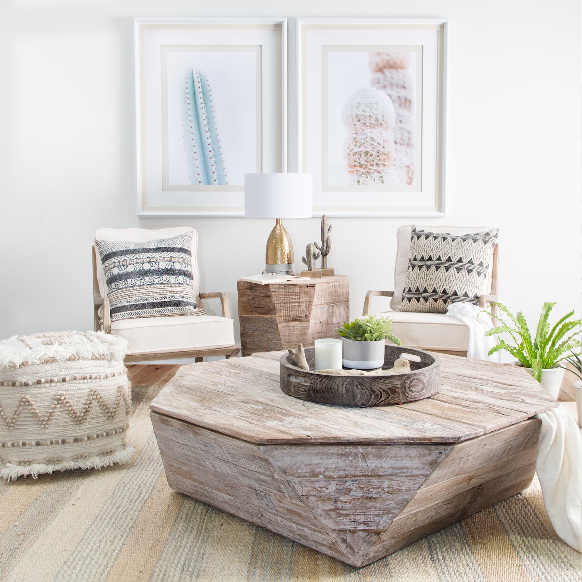 Esagono Octagonal Reclaimed Wood Coffee Table w/ Storage — in a styled room