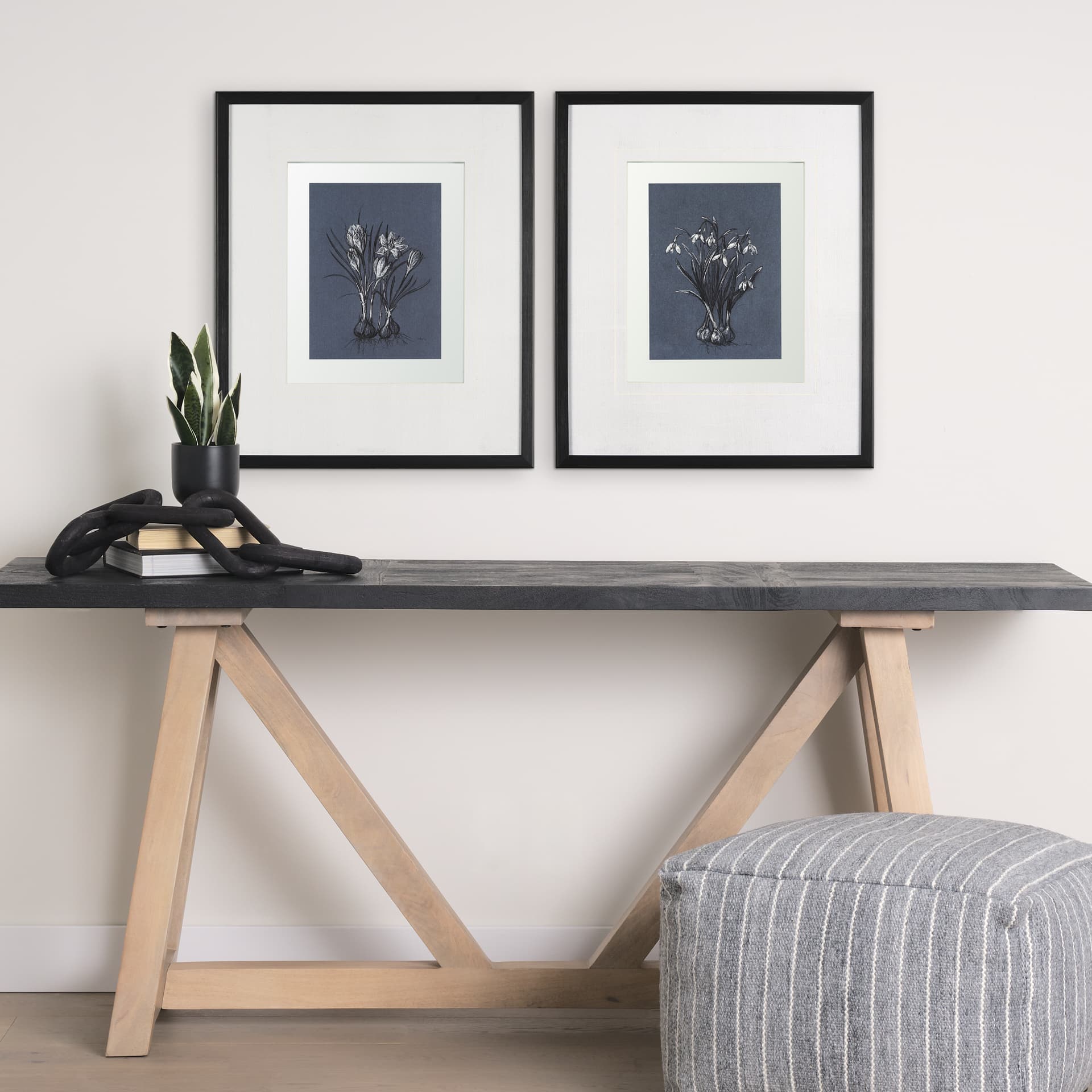 Botanical sketches V (Blue) by Mercana Studio Hand Embellished Framed Art Print Matted under Glass — in a styled room