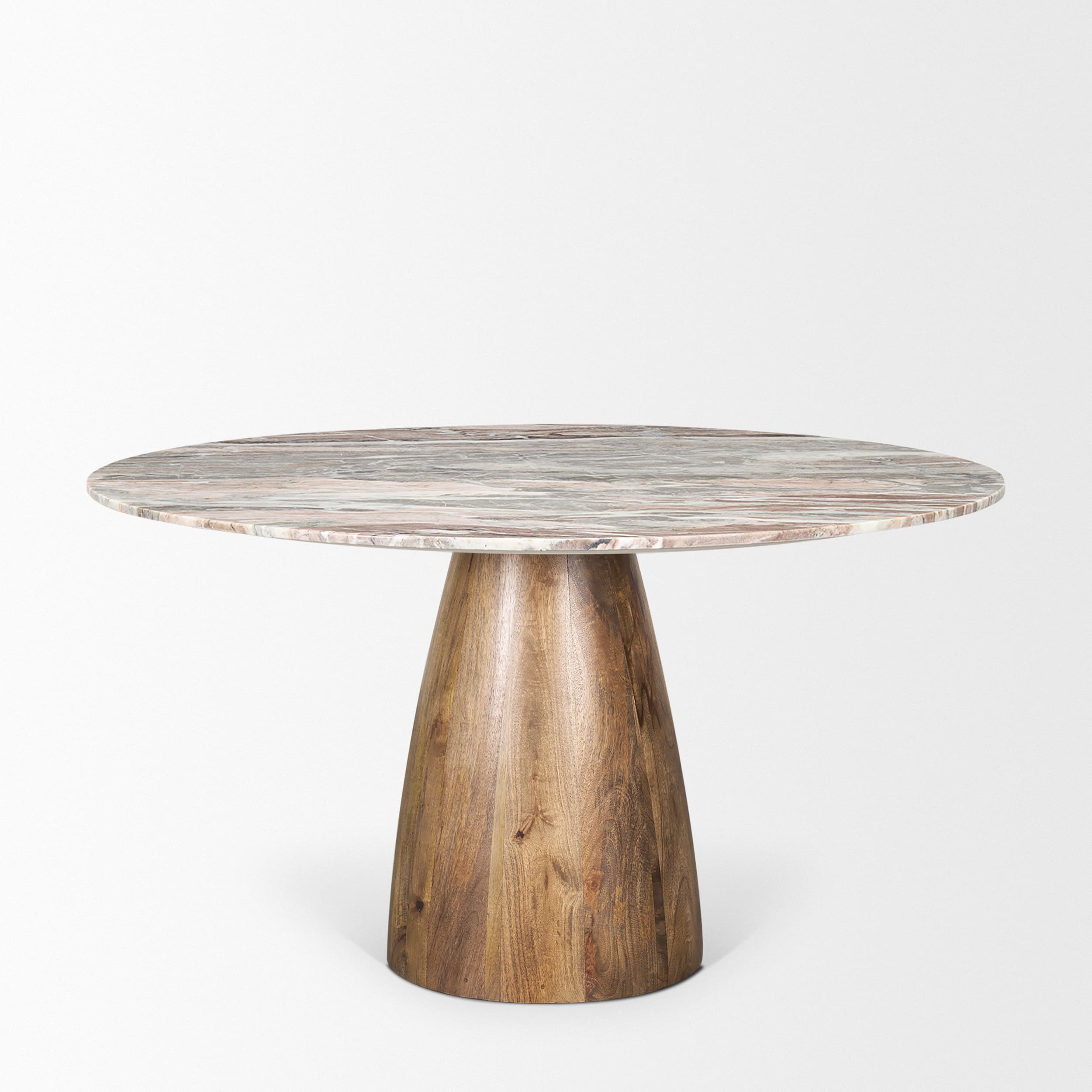 Allyson 54" Round Pedestal Dining Table | Savar Pink Marble & Brown Wood | Seats 6 — product photograph