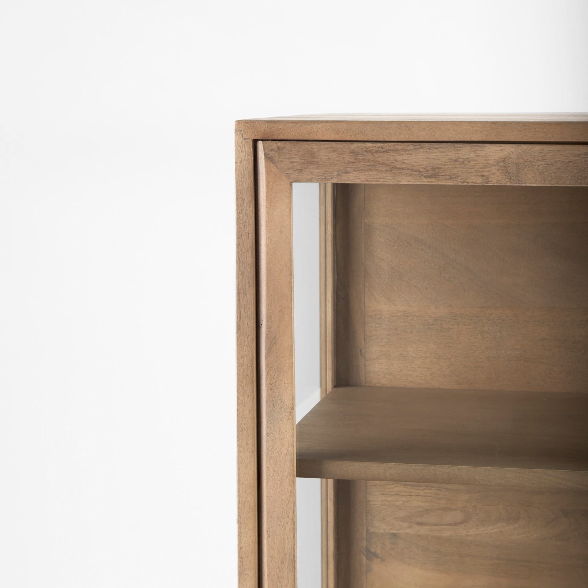 Arelius 36L x 18.75W x 63H Light Brown Wood W/ Black Metal Base Display Cabinet — product photograph