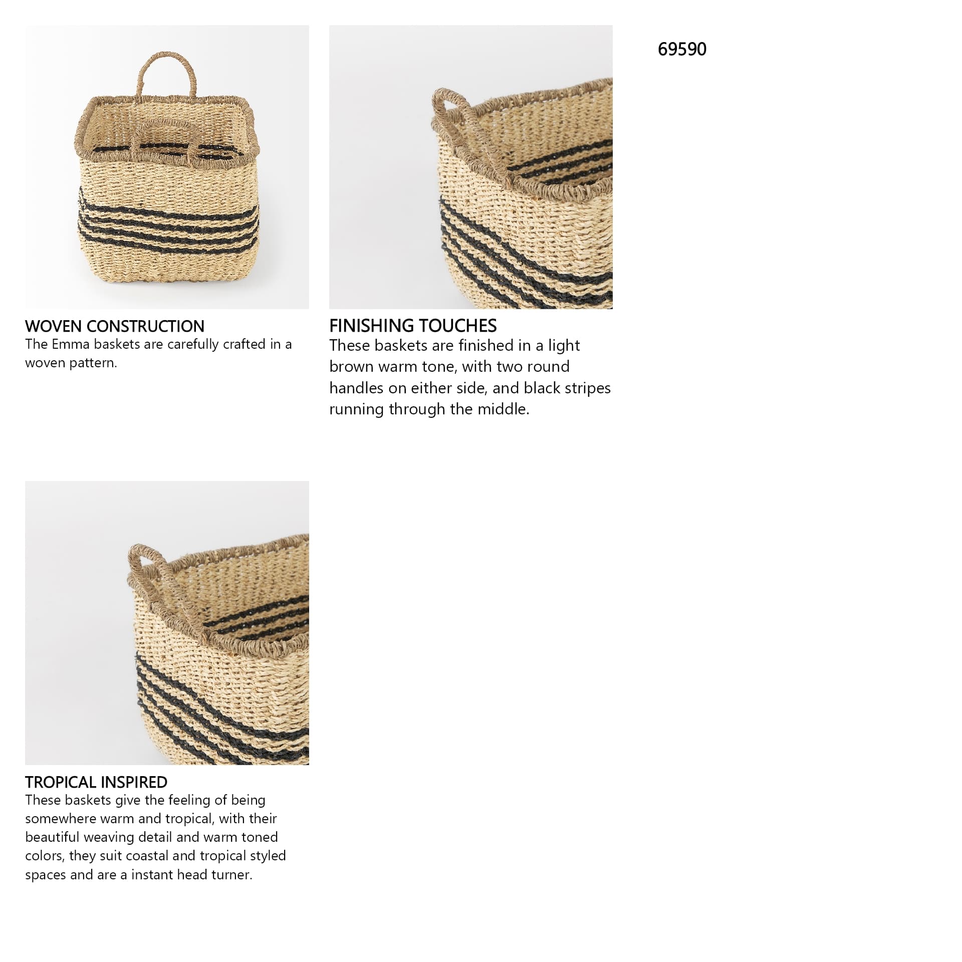 Emma (Set of 2) Light Brown Seagrass Rectangular Basket W/ Black Stripes — in a styled room