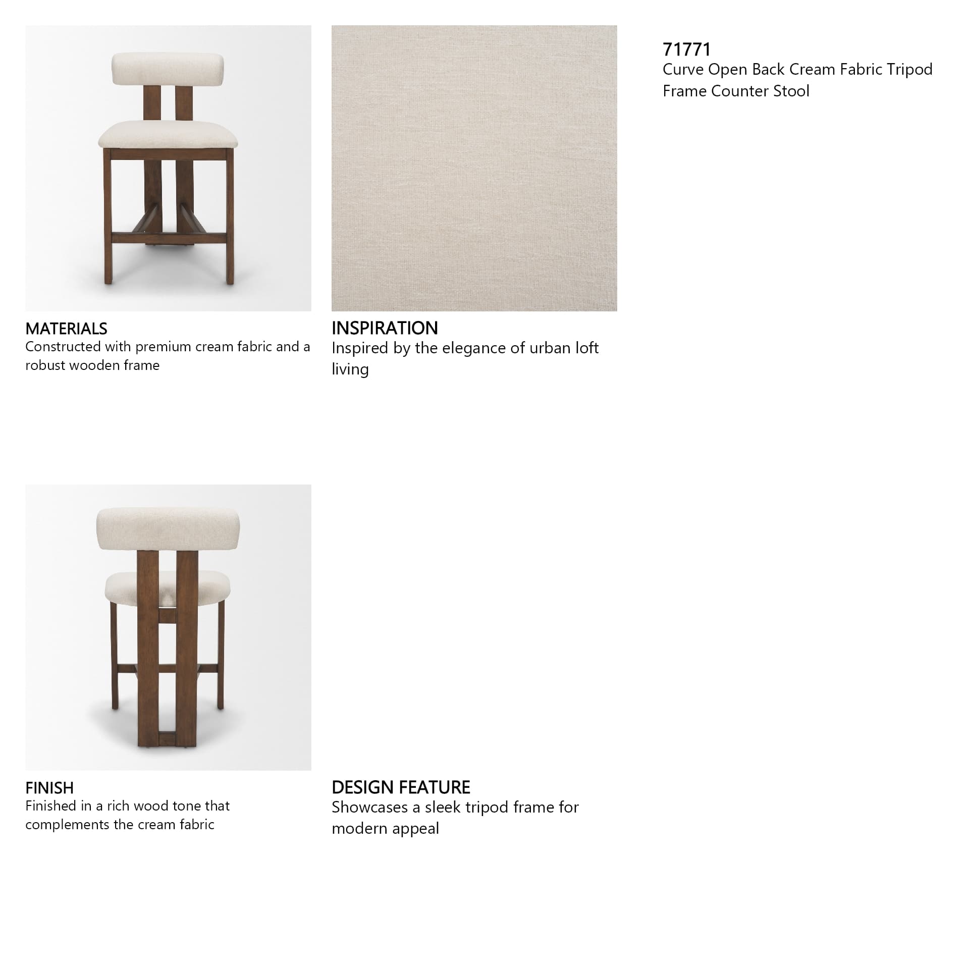 Tribeca Open Back 36.5in Seat Counter Stool | Cream Fabric w/ Wood — product photograph