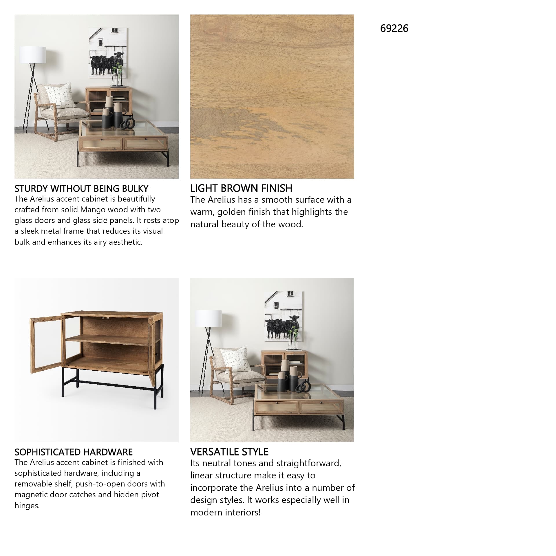 Arelius 36L x 18W x 32H Light Brown Wood, Black Metal Base w/ 2 Glass Doors Accent Cabinet — in a styled room