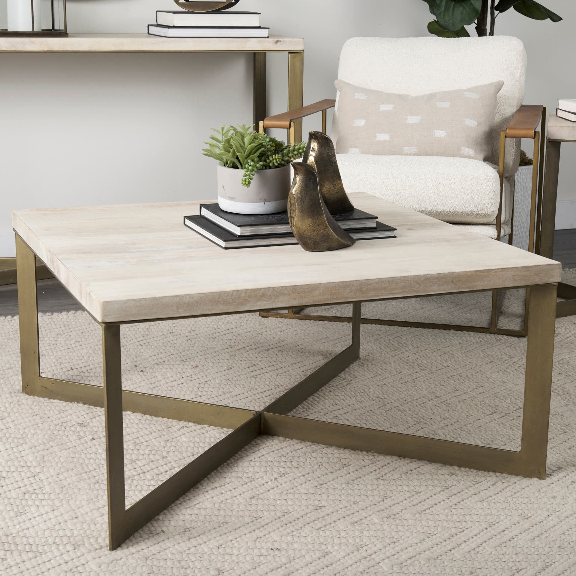 Faye 34L x 34W x 17H Beige Finished Wood W/Gold Metal Base Square Coffee Table — product photograph