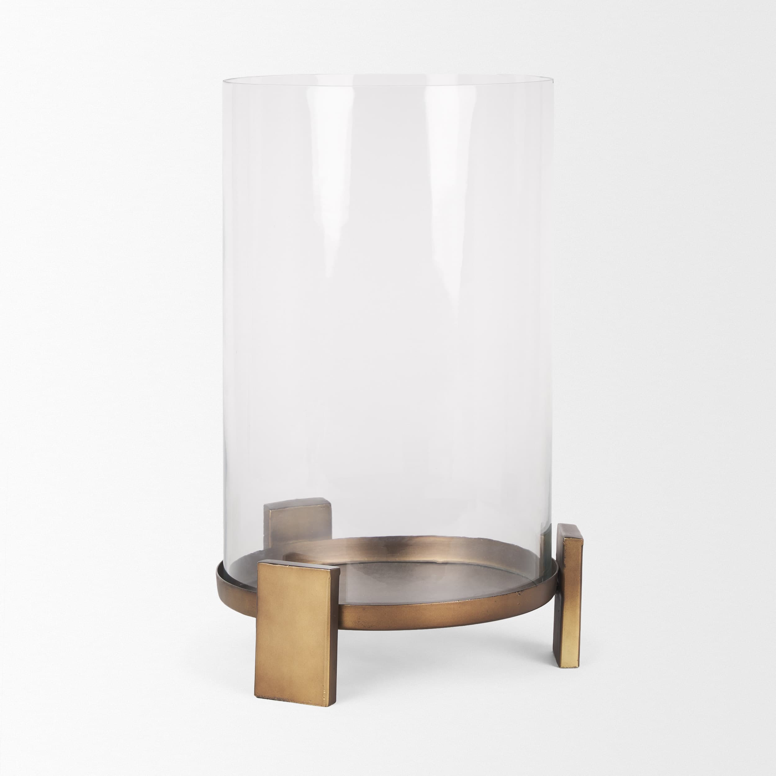 Price Large Antiqued Gold Metal w/ Glass Hurricane Candle Holder — product photograph