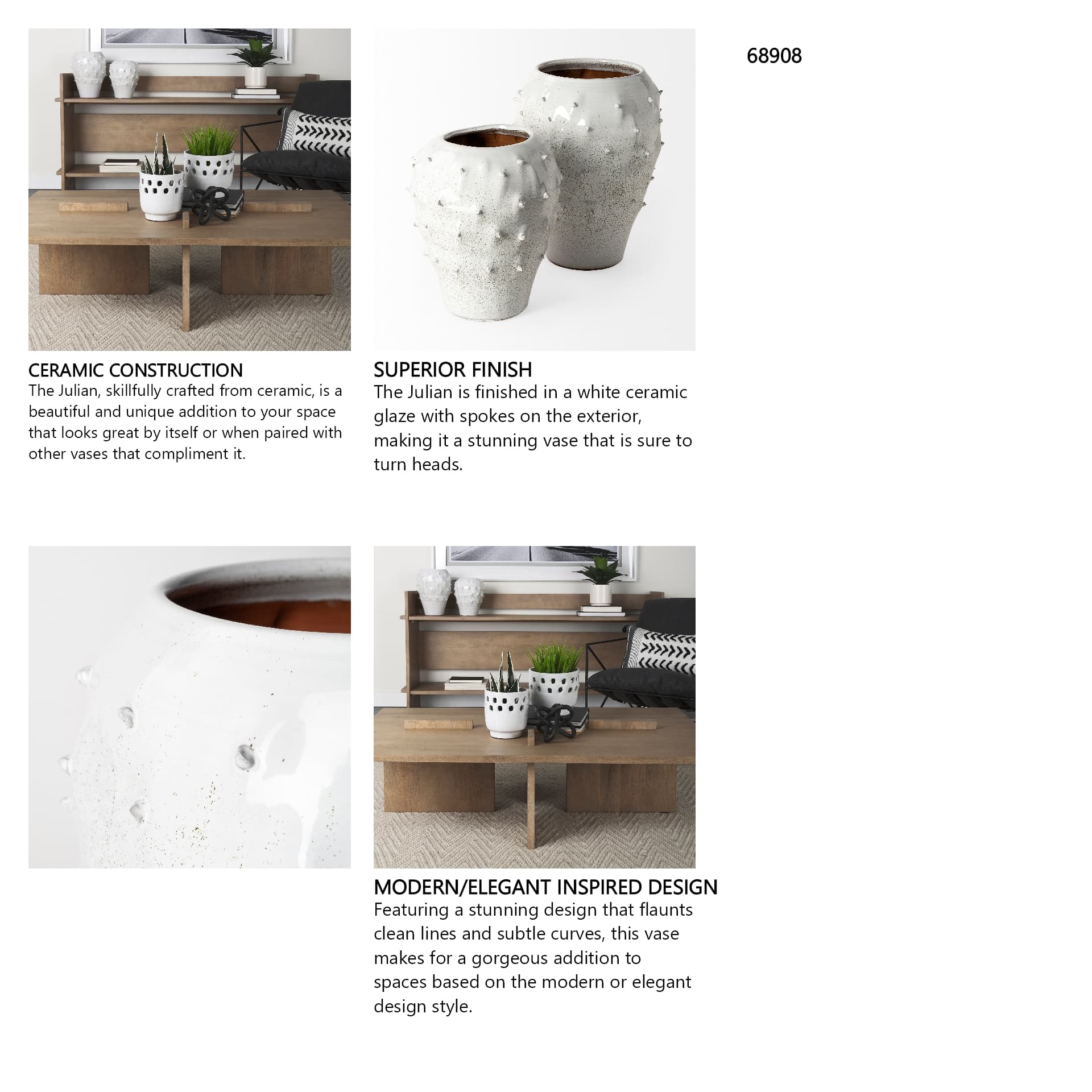 Julian Large Glossy White Ceramic Spoked Vase — in a styled room