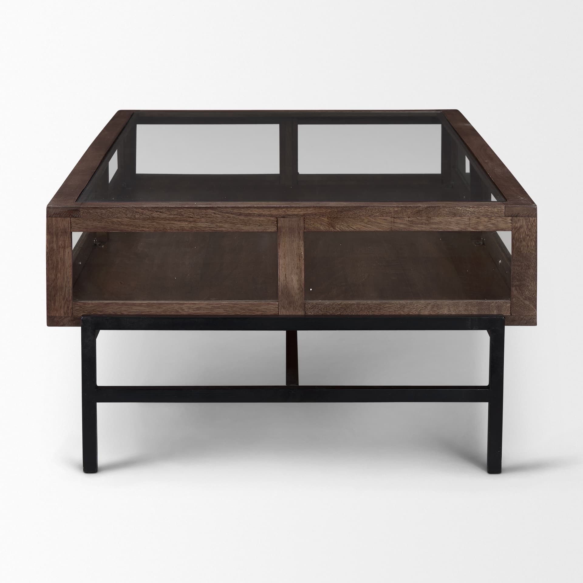 Arelius 49.5"L Rectangular Glass-Top Medium Brown Wood w/ Black Metal Base Display Coffee Table — product photograph