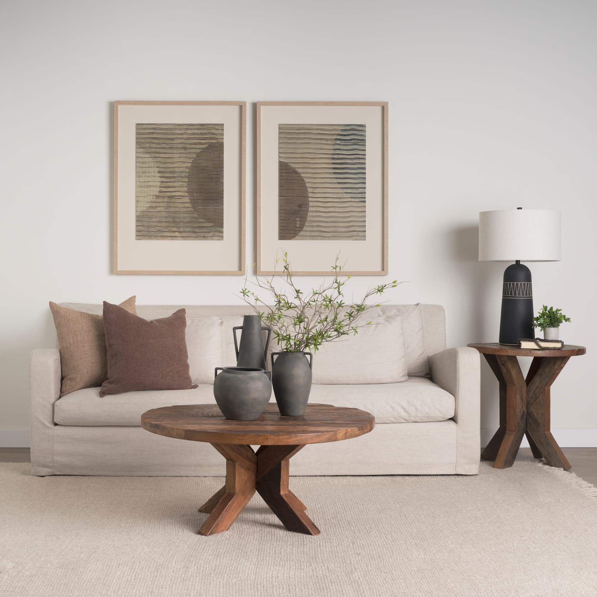 Kilian Medium Brown-Gray Double Ear Vase — in a styled room