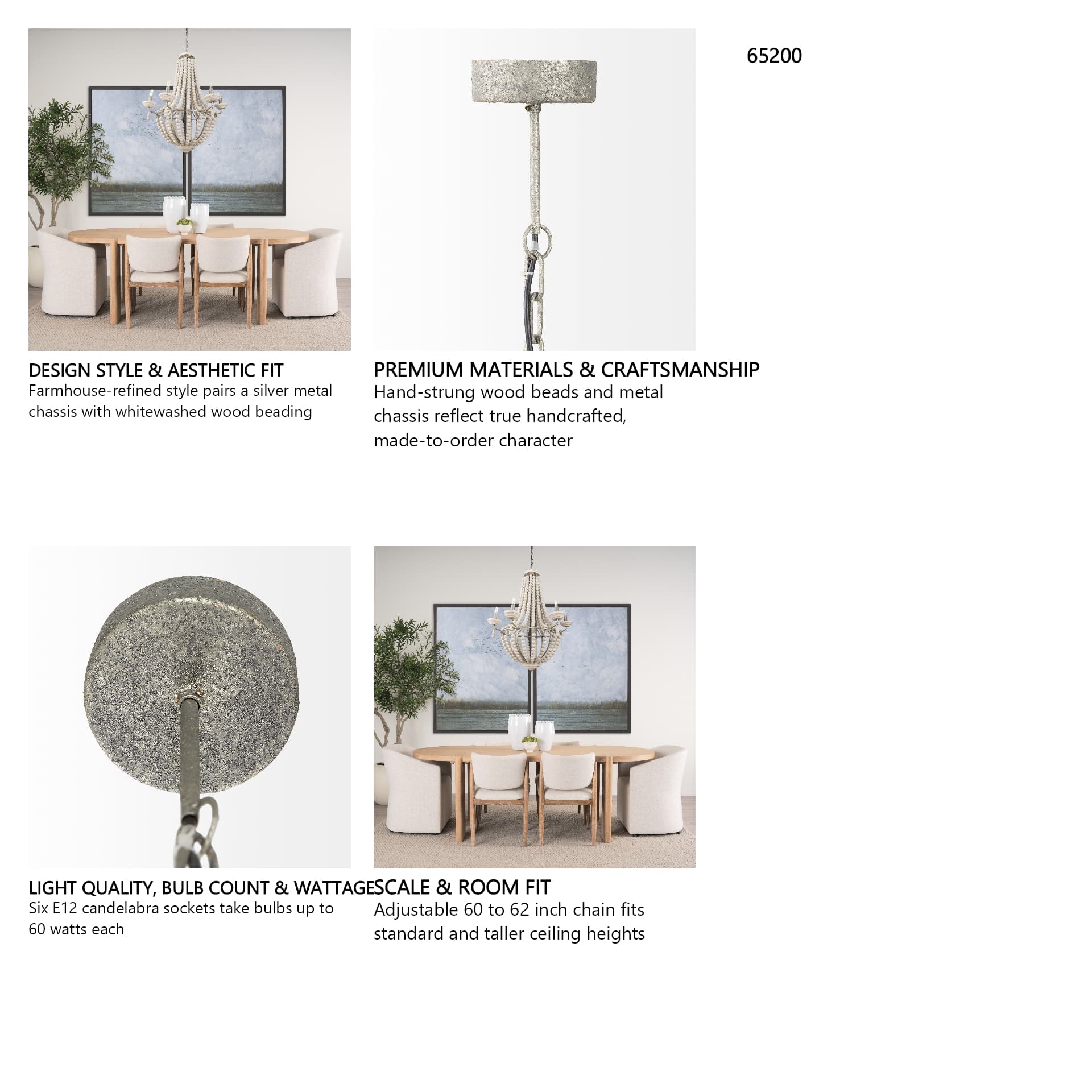 Phillum (29"x37") Silver Metal Chassis and White Wood Beaded Six Bulb Chandelier — in a styled room