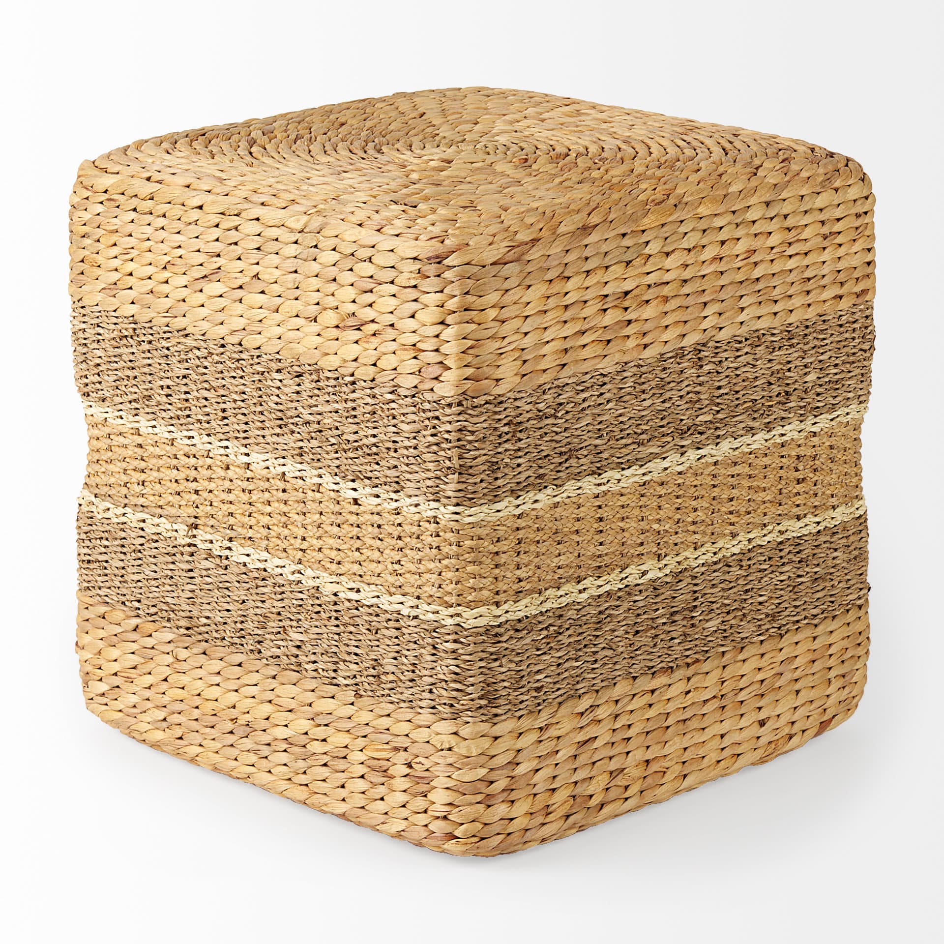 Maya 17.7L x 17.7W x 17.7H Light Brown W/Medium Brown Stripes Seagrass Square Pouf — product photograph