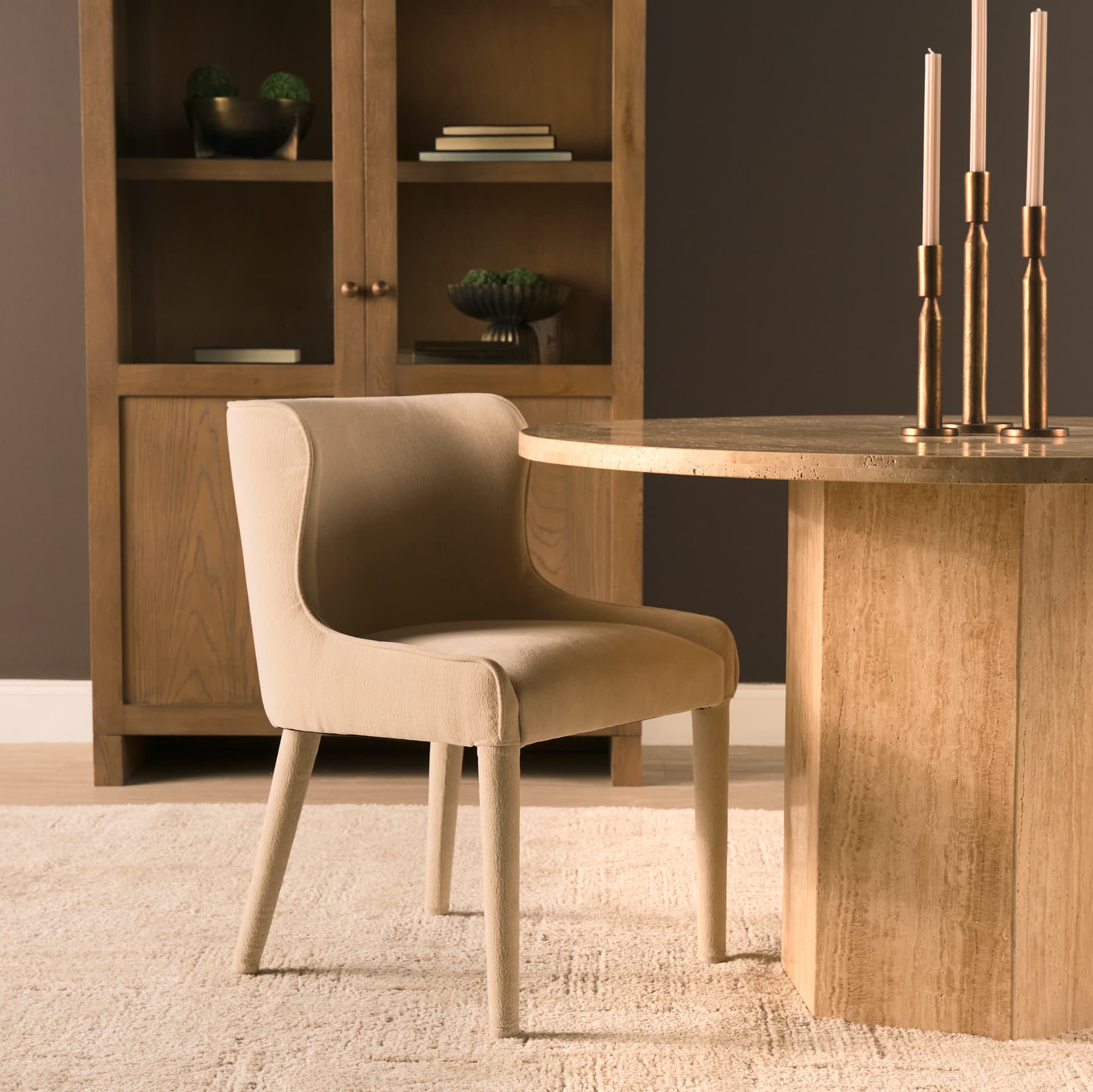 Nolan Wingback Dining Side Chair | Cream Chenille w/ Tapered Wood — product photograph