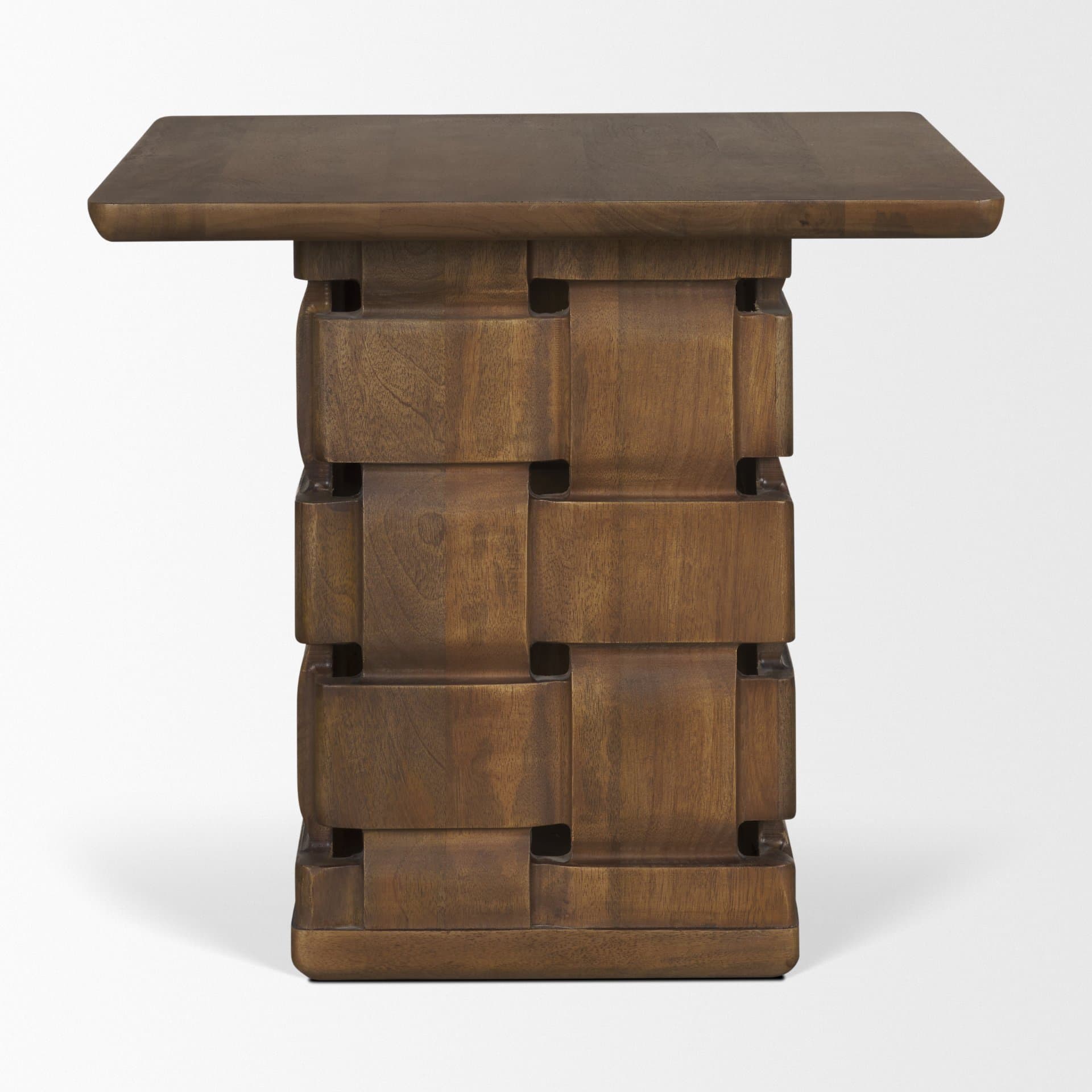 Trellyn Dark Brown Wood w/ Carved Woven Base Square Accent Table — product photograph