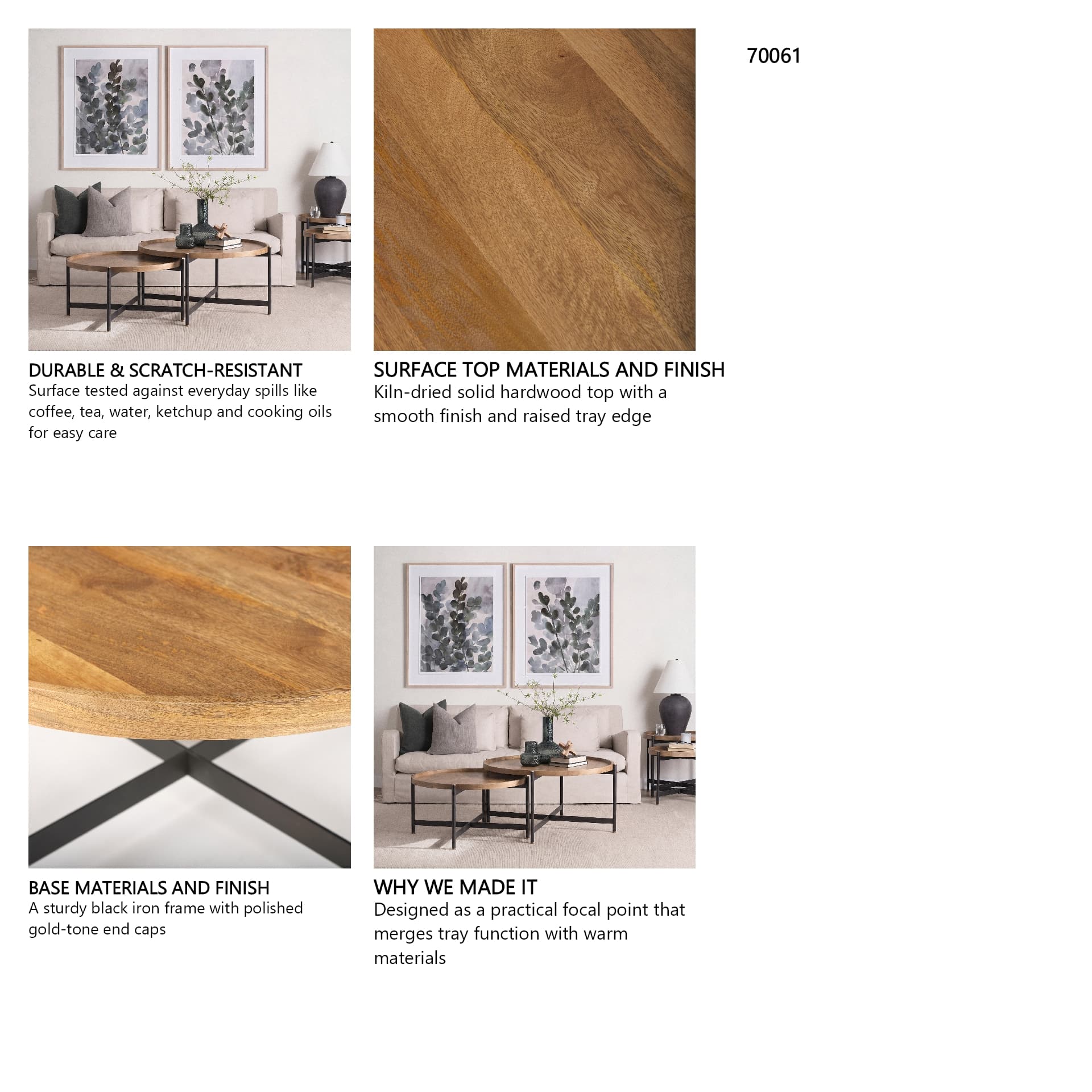 Marquisa 34.25" Round Small Brown Wood w/ Black Metal Coffee Table — in a styled room