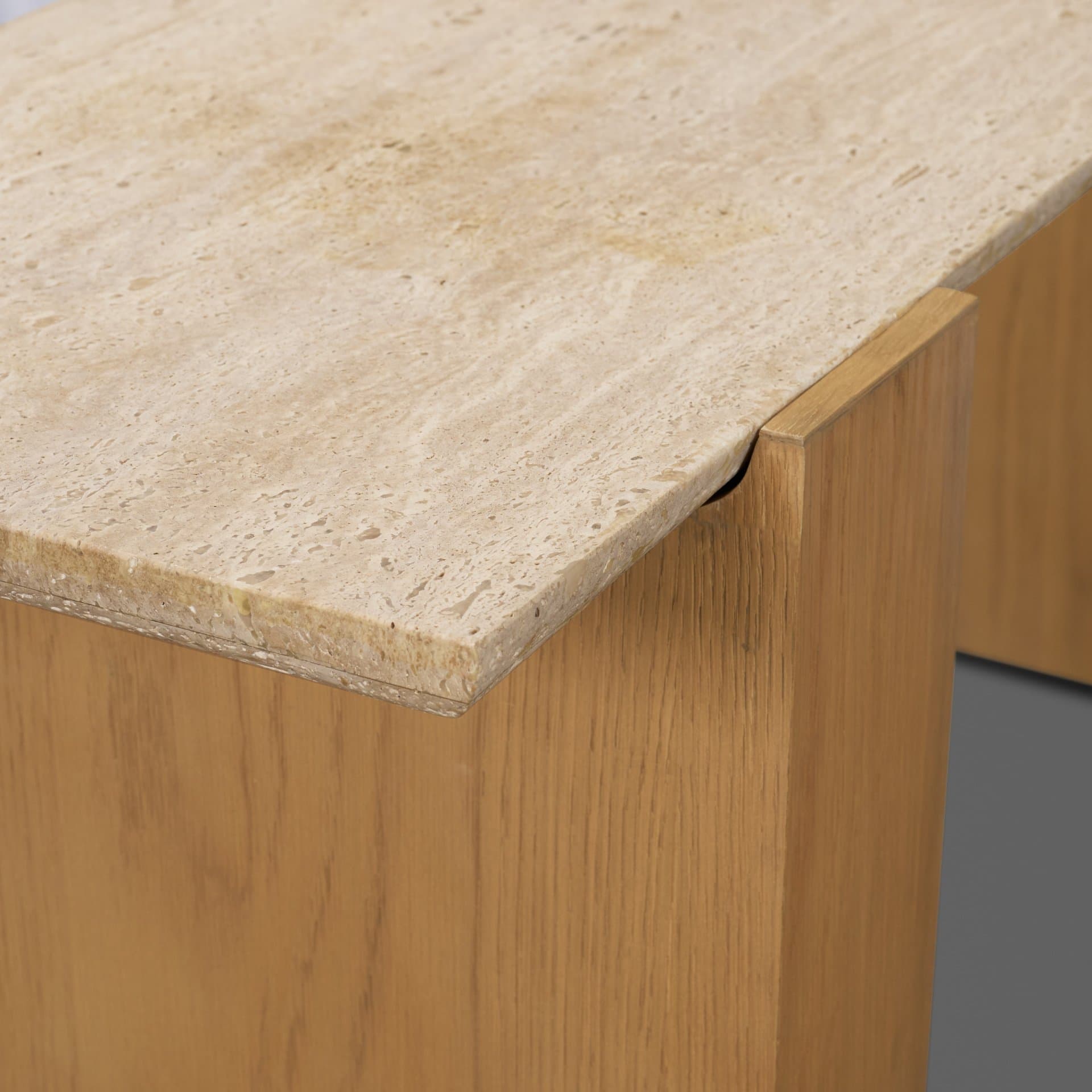 Milos Travertine Top w/ Light Brown Oak Wood Console Table — product photograph