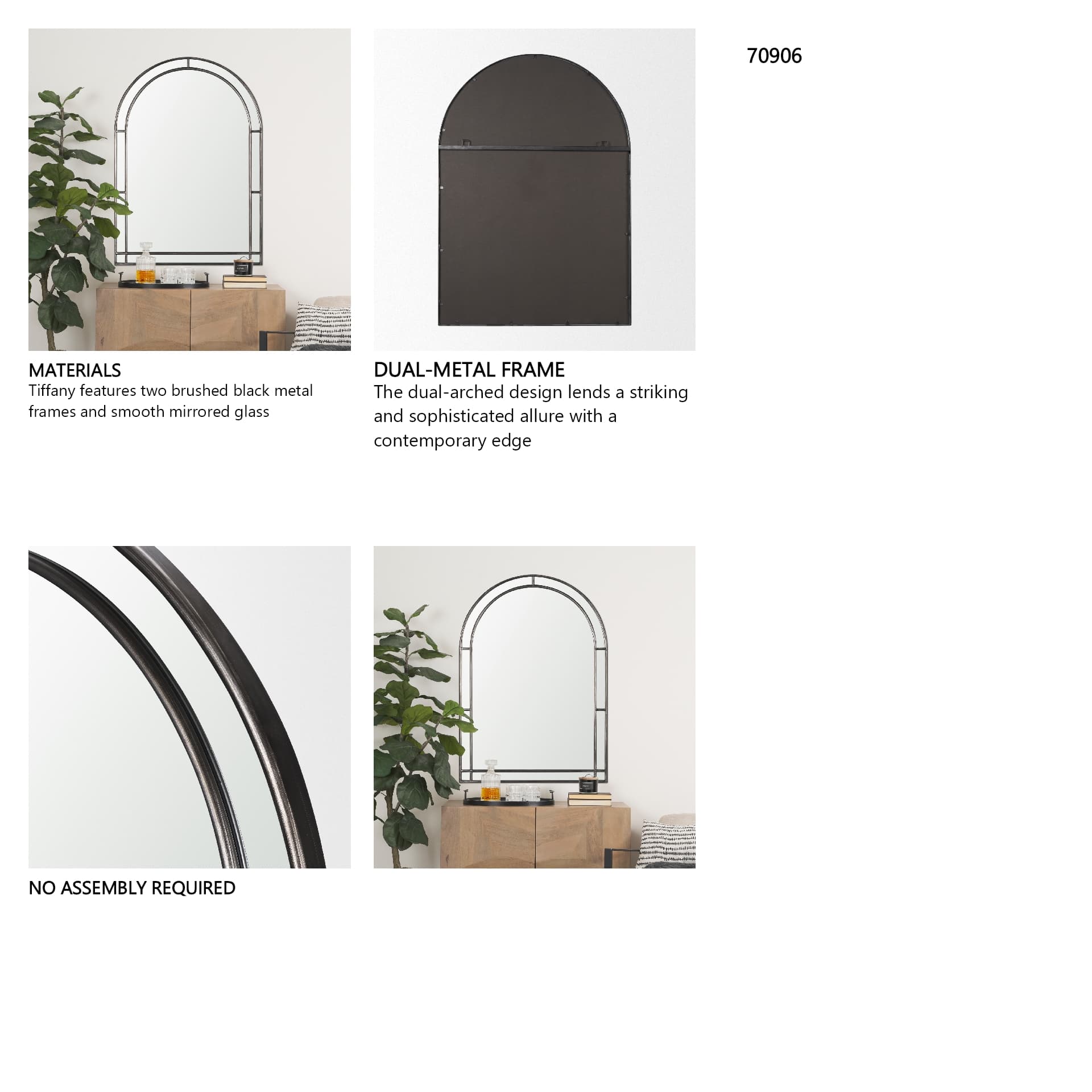 Tiffany Brushed Black Metal Double Frame Arched Mirror — in a styled room