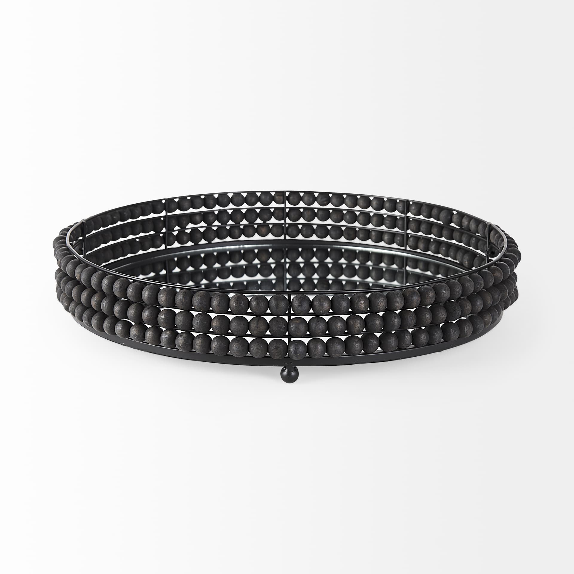 Decatur II 21L x 21W Black Wooden Bead Mirrored Bottom Round Tray — product photograph