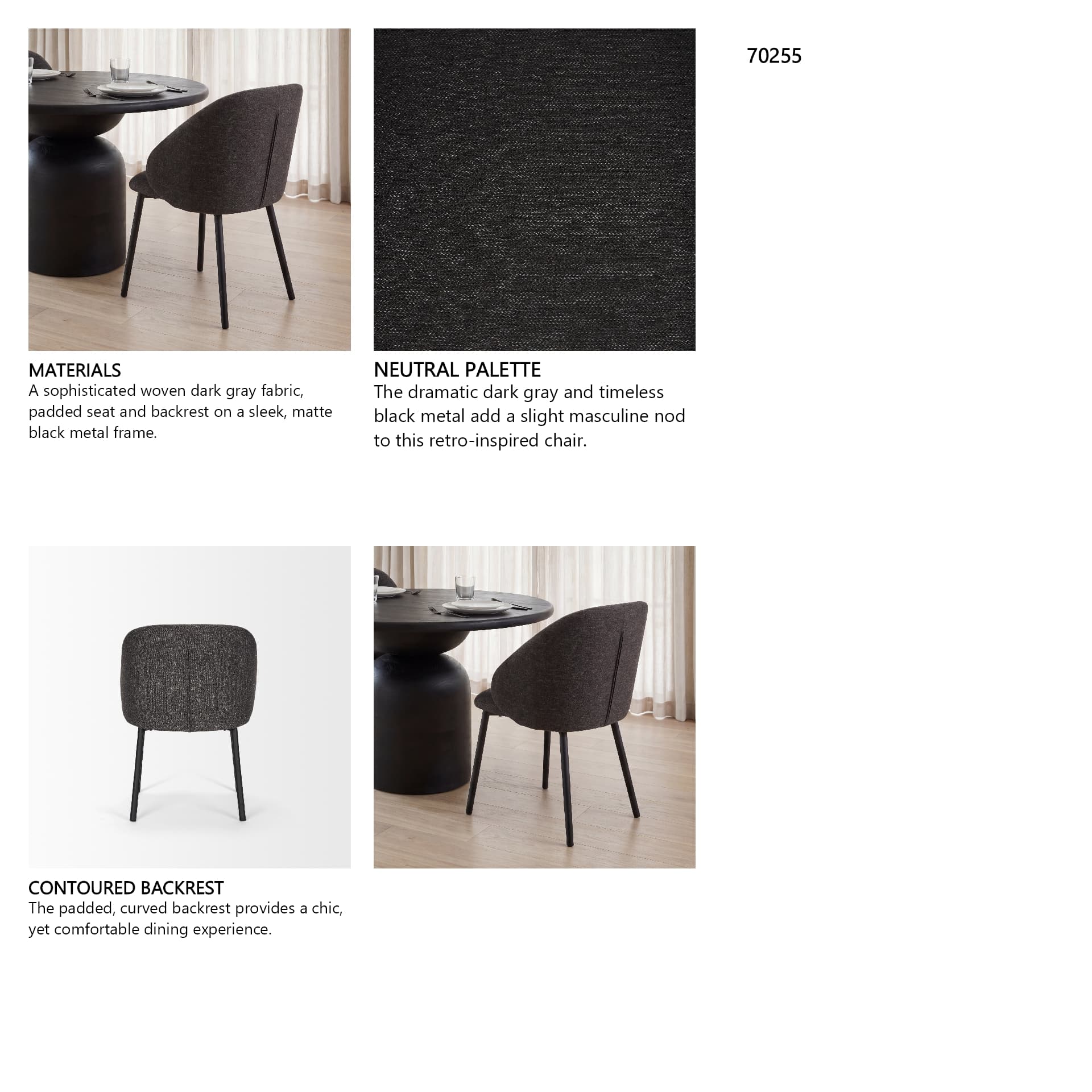 Shannon Contoured Back Dining Side Chair | Gray Fabric w/ Metal — in a styled room