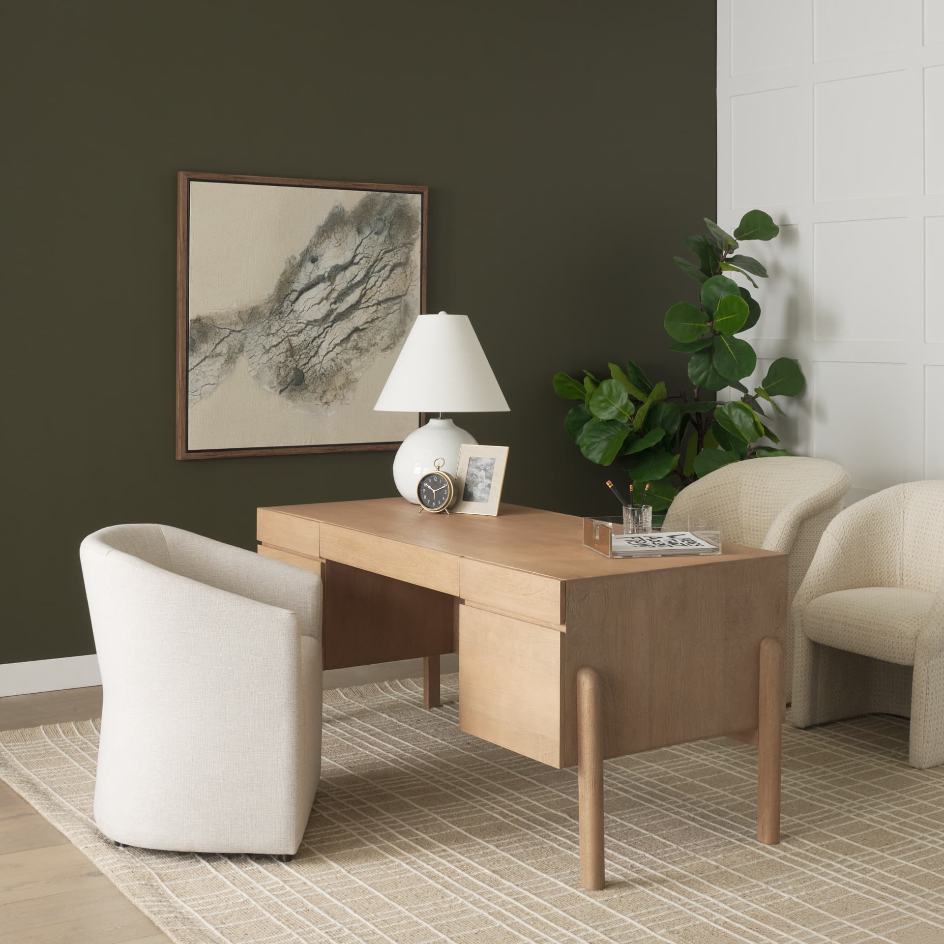 Curtis Barrel Back Dining Arm Chair | Cream Fabric w/ Tapered Wood — product photograph
