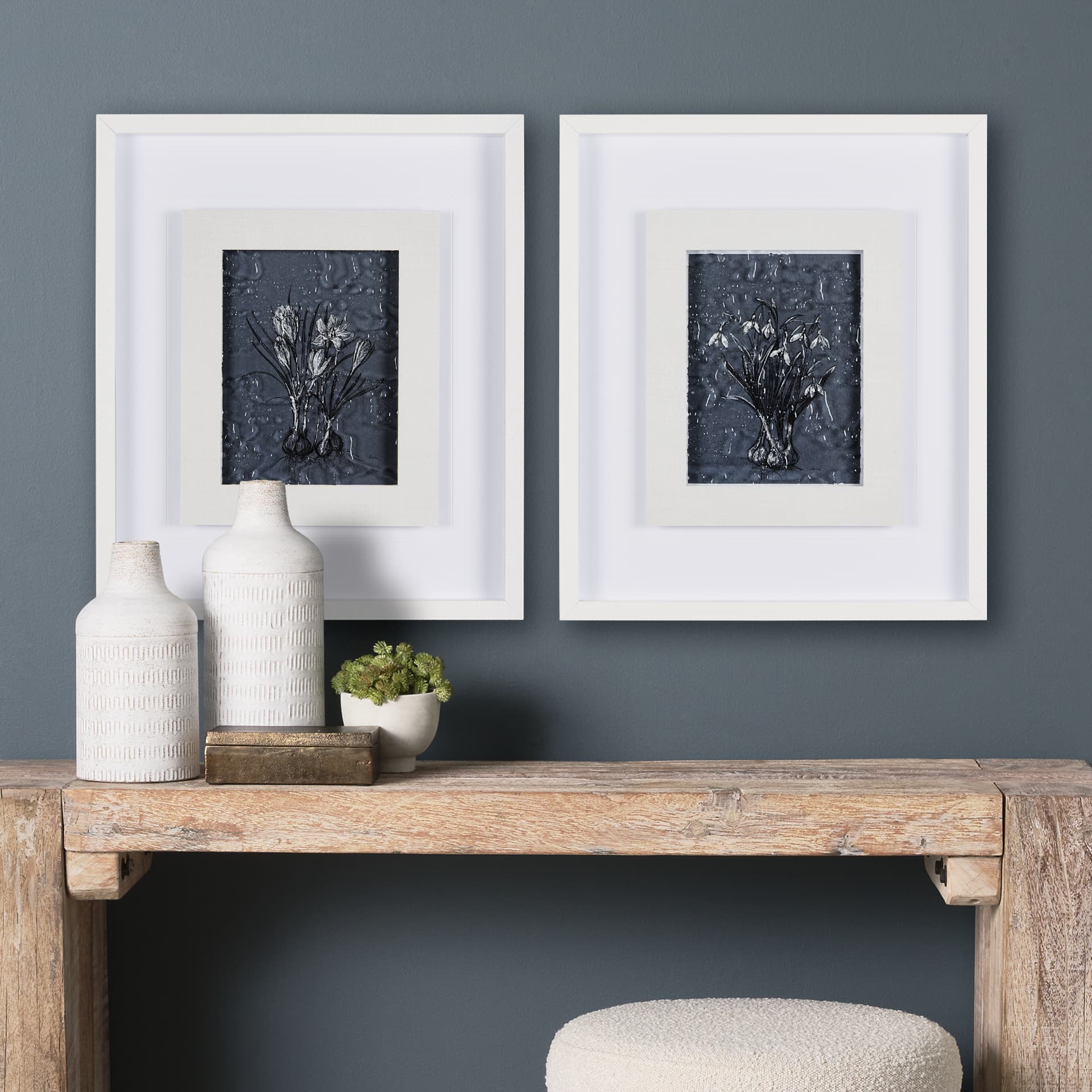 Botanical sketchesVI (Blue) by Mercana Studio Hand Embellished Framed Art Print Matted under Glass — in a styled room