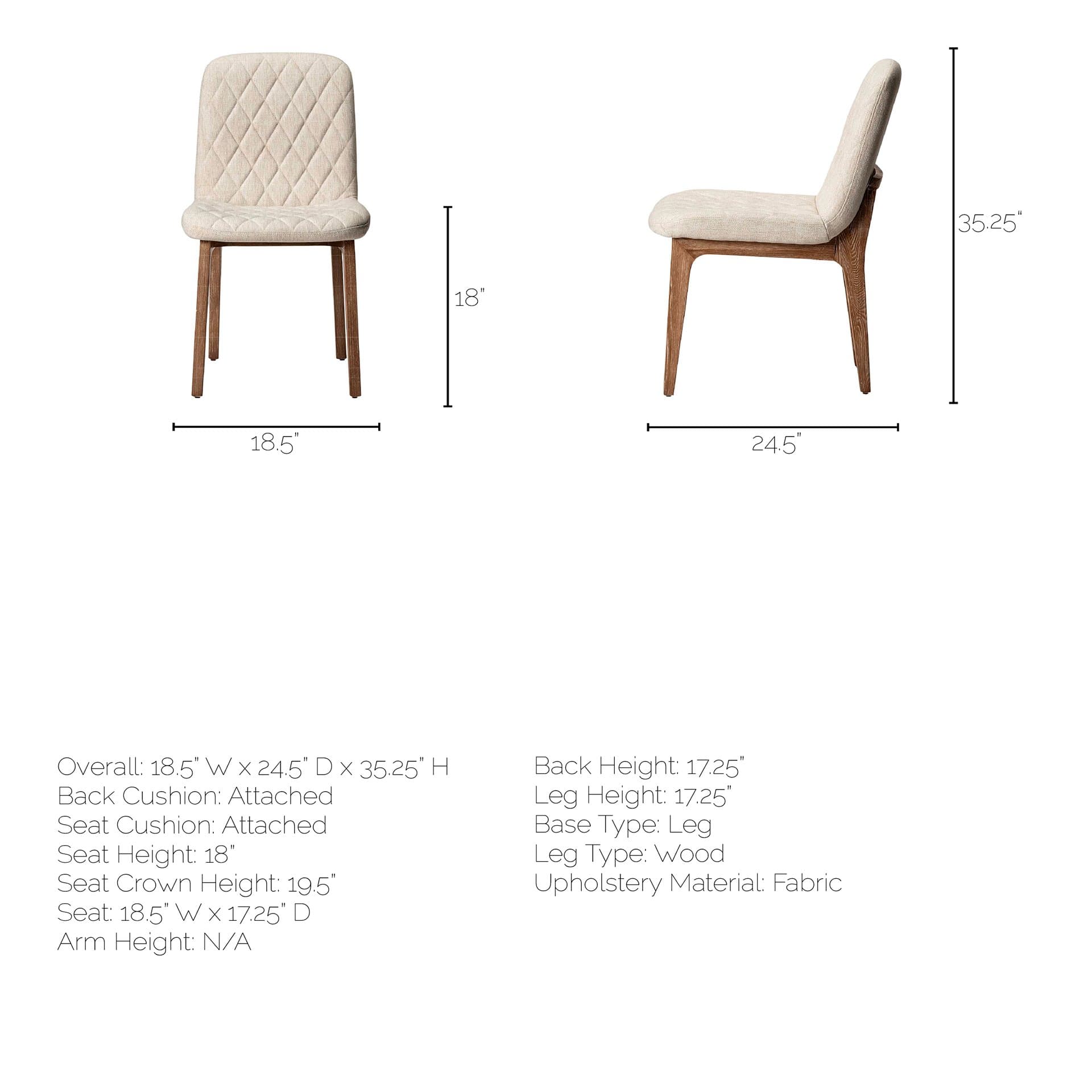 David Solid Back Dining Side Chair | Tuffed Cream Fabric w/ Brown Wood — product photograph
