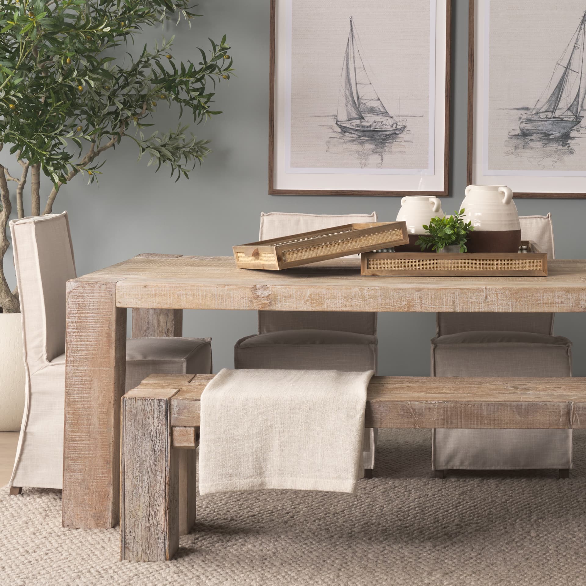 Sonny 23.6L x 23.6W x 2.0H Set of Two Brown Wood and Wicker Square Trays — in a styled room