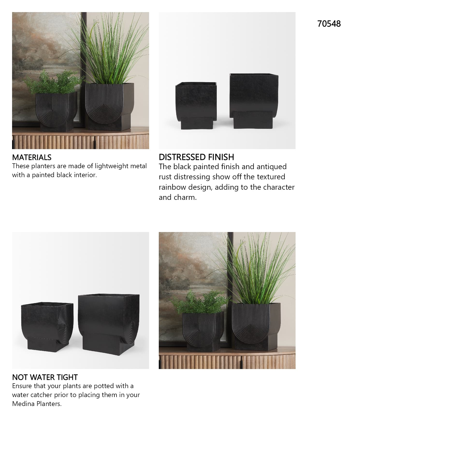 Medina Antiqued Black Metal Planters (Set of 2) — in a styled room