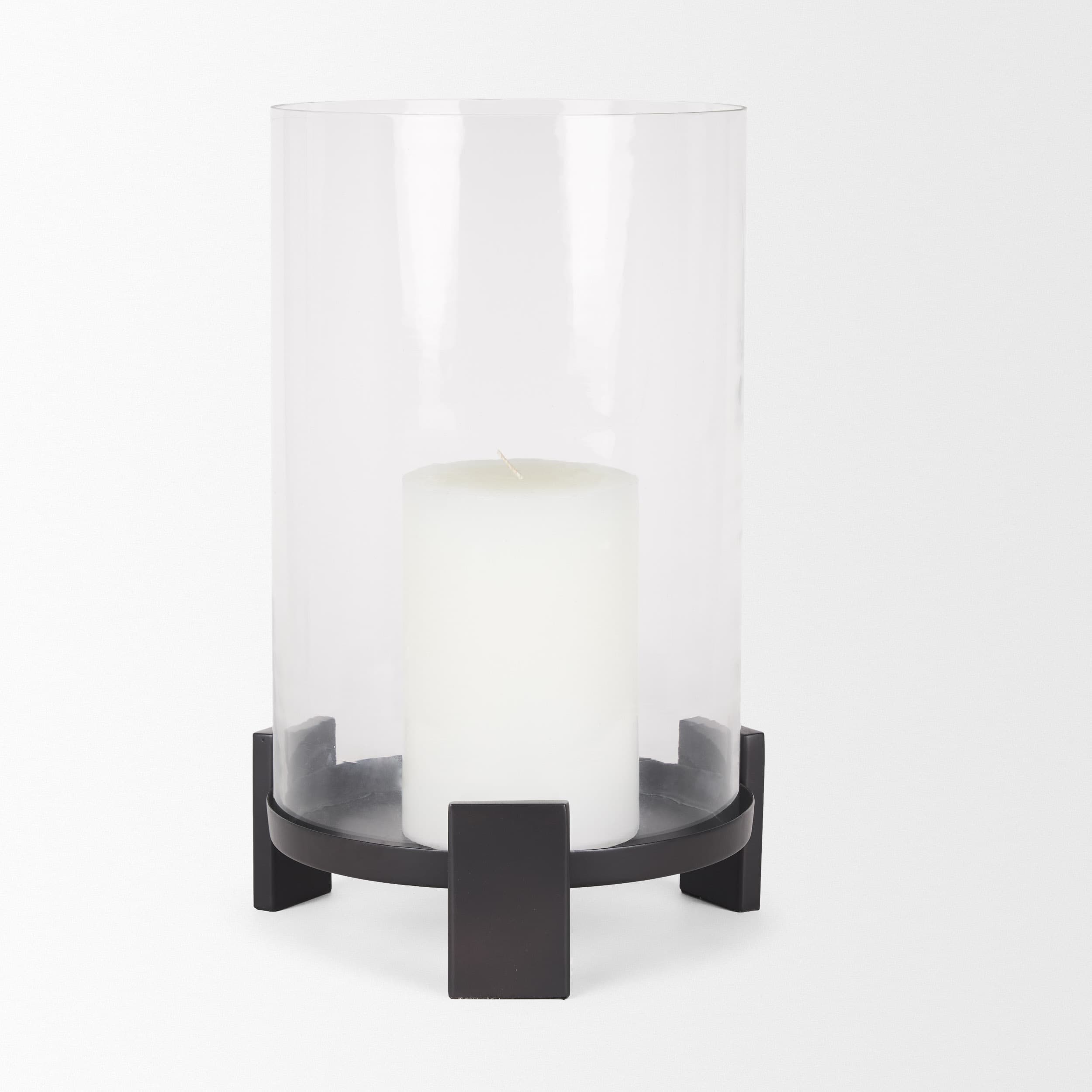 Price Large Matte Black-Brown Metal w/ Glass Hurricane Candle Holder — product photograph