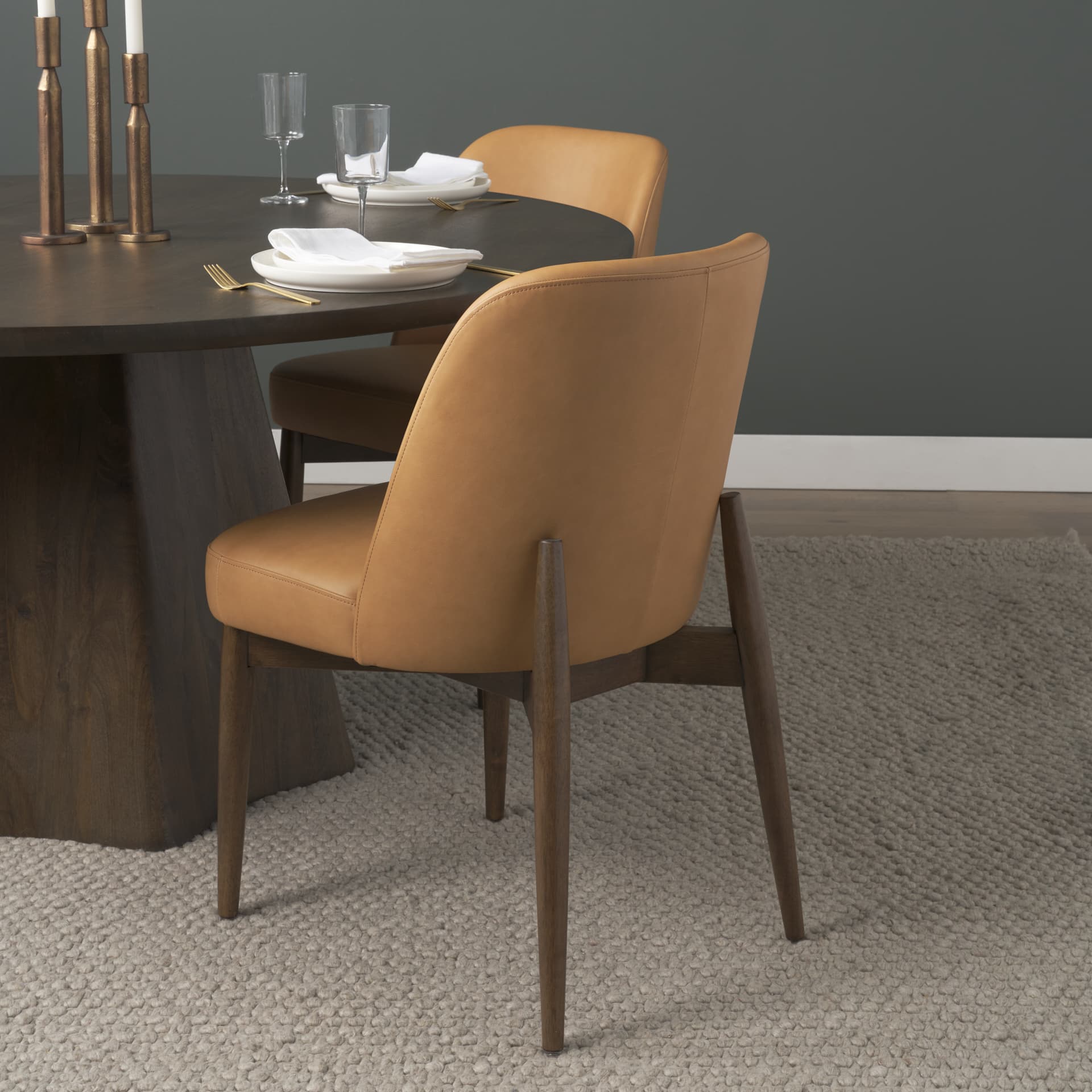 Abbie Curved Back Dining Side Chair | Tan Leather w/ Brown Wood — product photograph