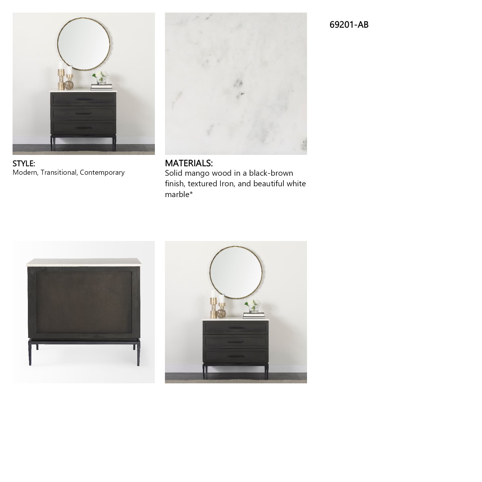 Divina Black-Brown Wood w/ White Marble Top and Black Metal Base Accent Cabinet — in a styled room