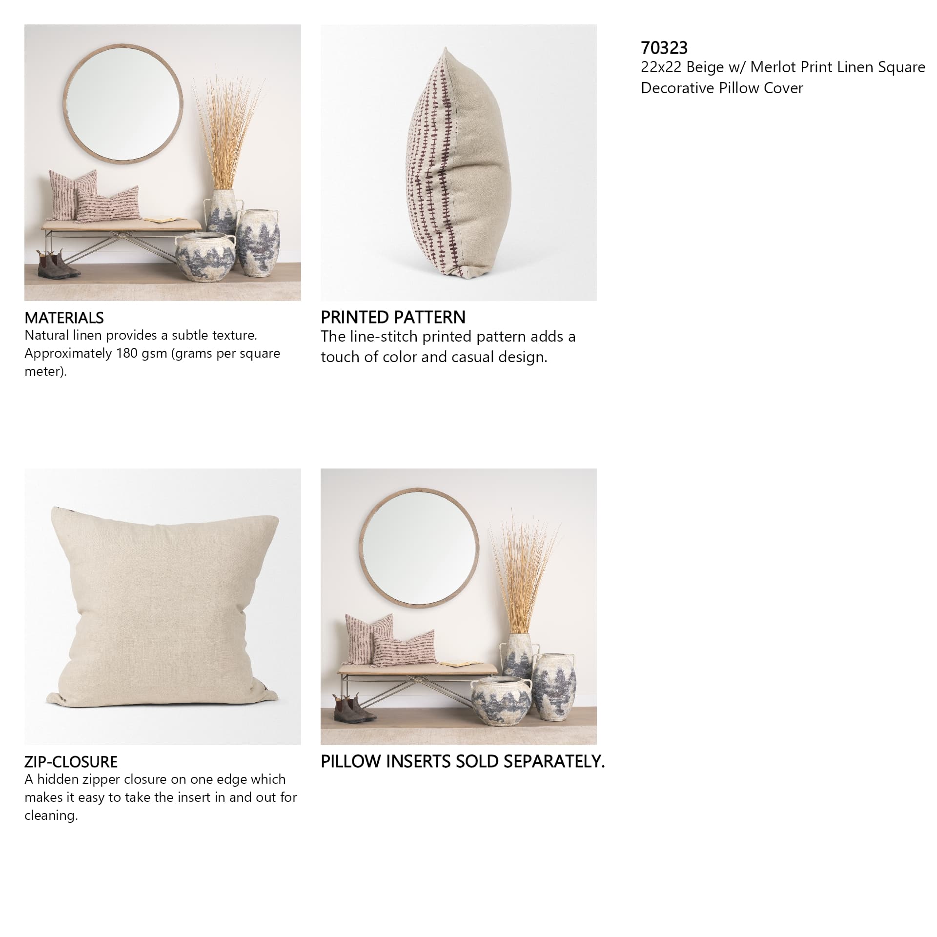 Jenna 22x22 Beige w/ Merlot Print Linen Square Decorative Pillow Cover — in a styled room