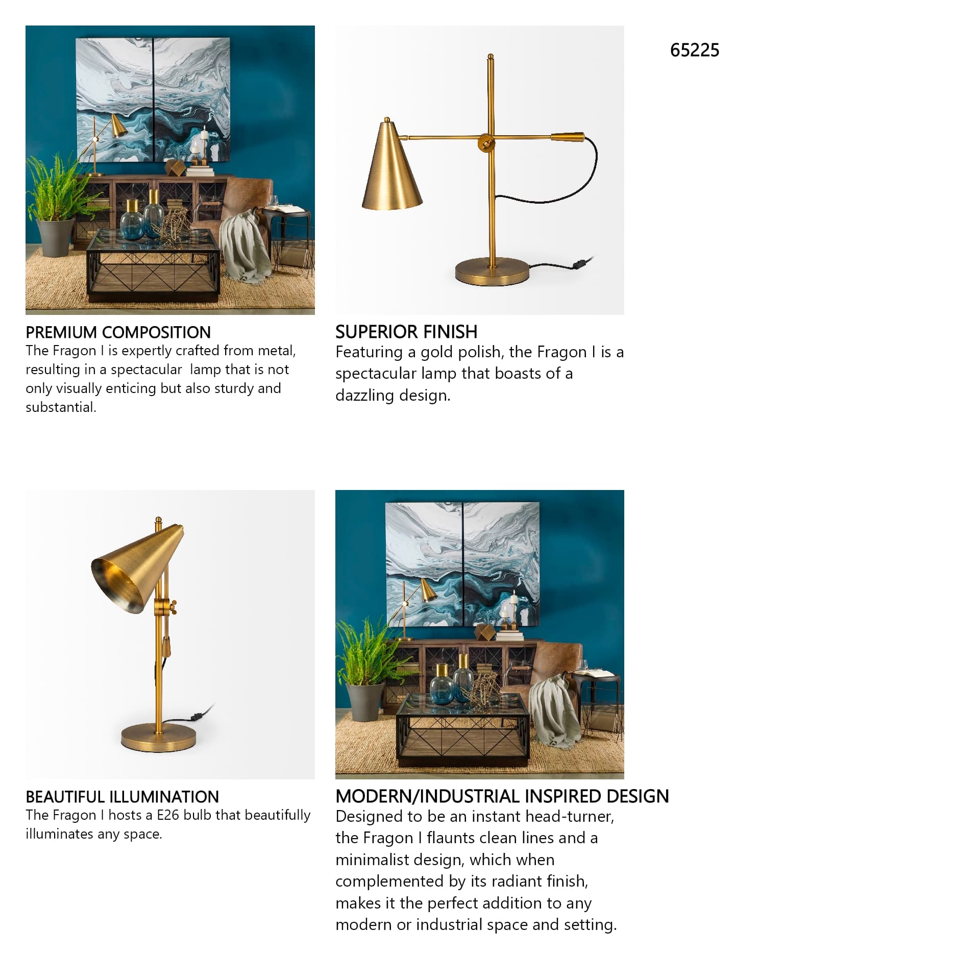 Fragon I (26"H) Gold-Tone Metal Adjustable Cone Shade Table Lamp — in a styled room