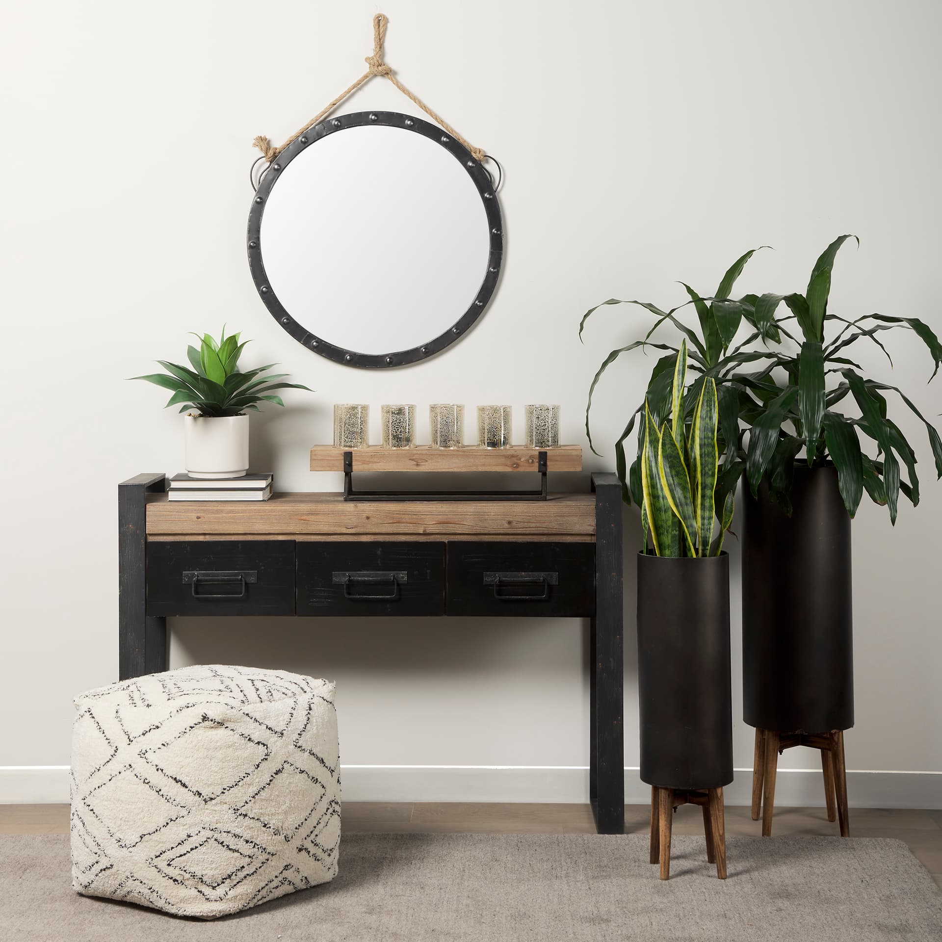 Pendula 27L x 27H Round Metal Frame Mirror — in a styled room