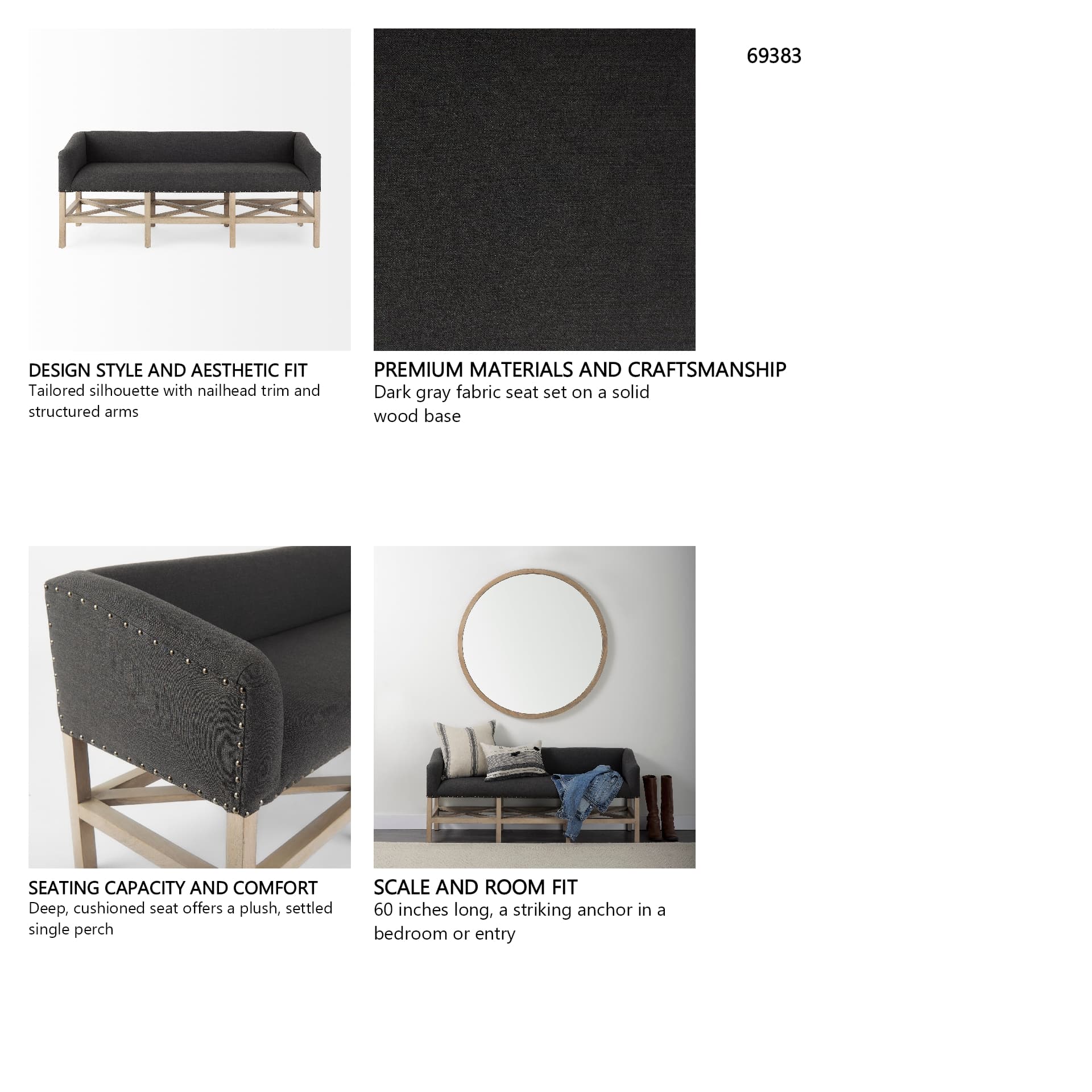Bergen 60.0L x 19.0W x 25.5H Dark Gray Fabric W/ Light Brown Wooden Base Accent Bench — in a styled room