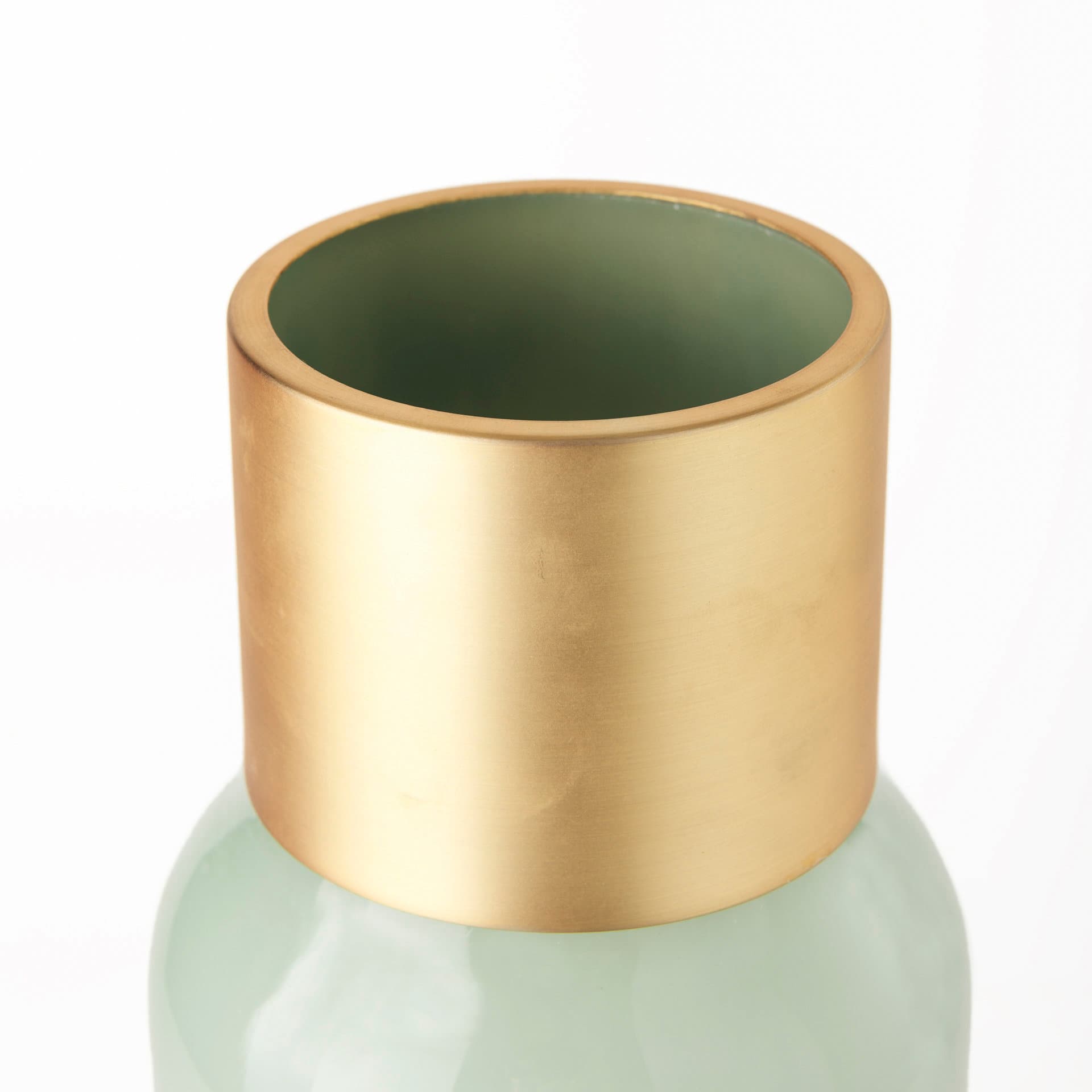 Minty 5.7L x 5.7W x 16.8H Green Glass Vase W/Matte Gold Metal Neck Cuff — product photograph